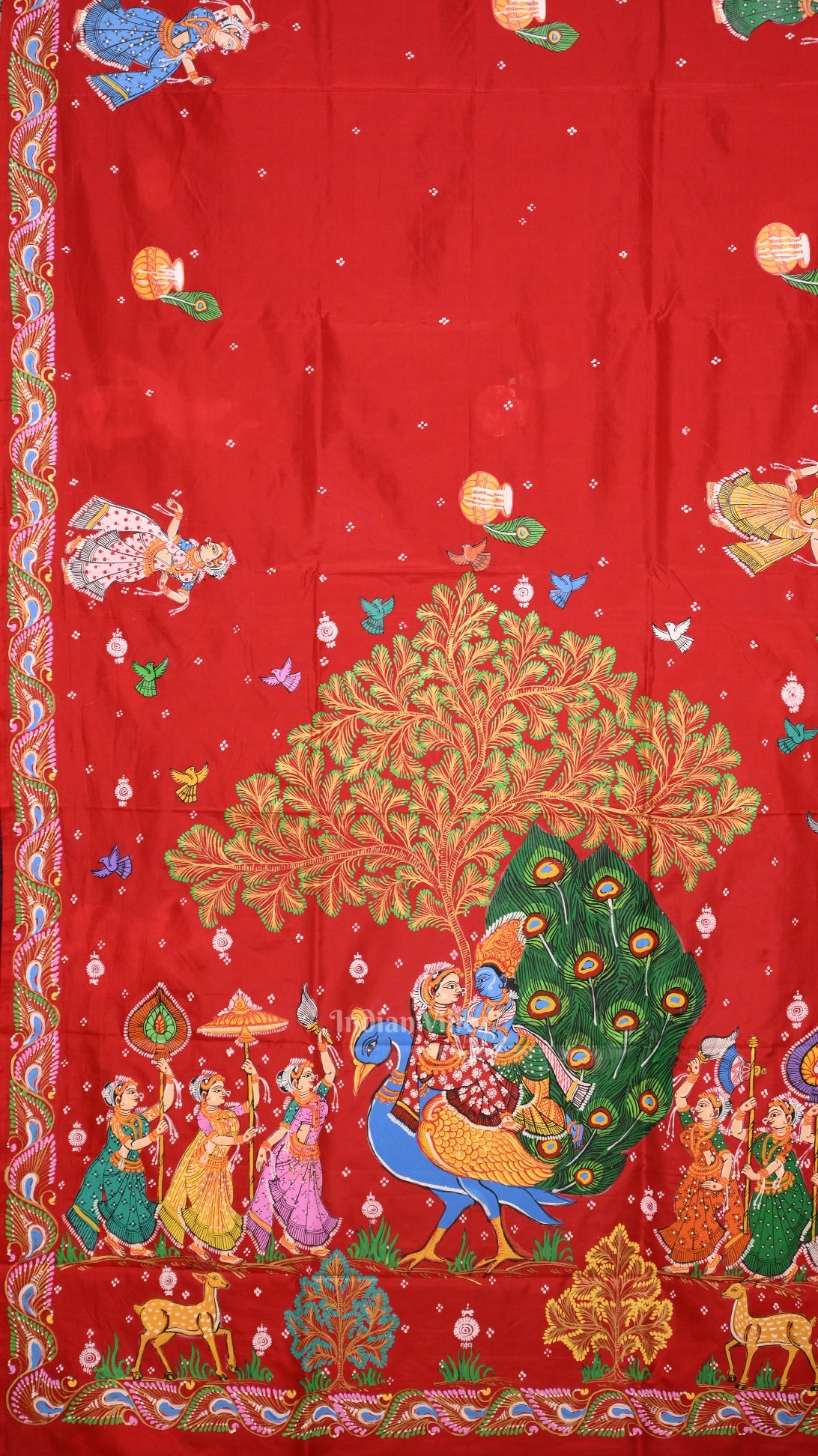 IndianVillèz Red with Coffee Rasaleela Theme Hand-Painted Pattachitra Saree - view 2