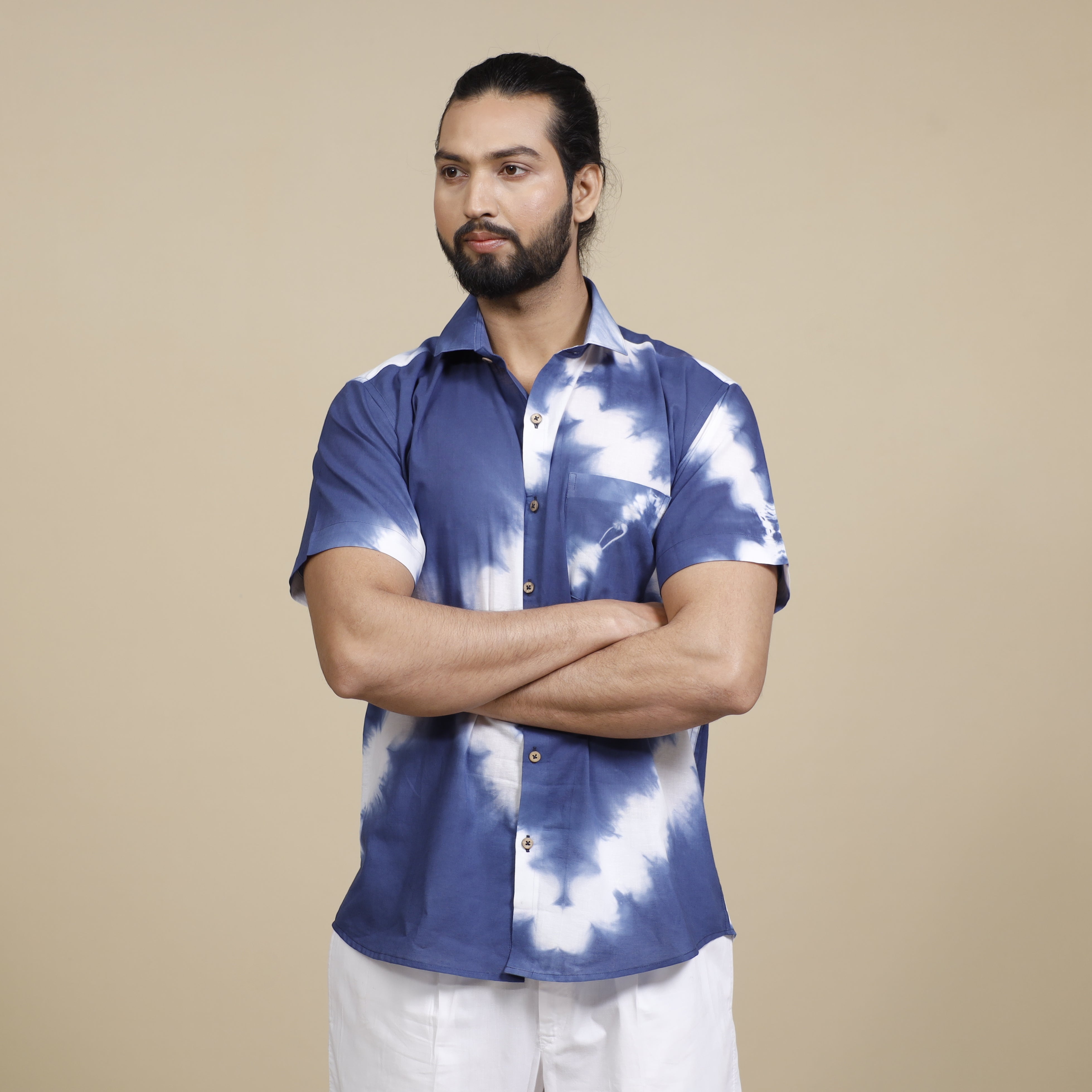 ITOKRI CASUALS Blue & White Shibori Tie-dye Cotton Men Half Sleeve Shirt - view 3