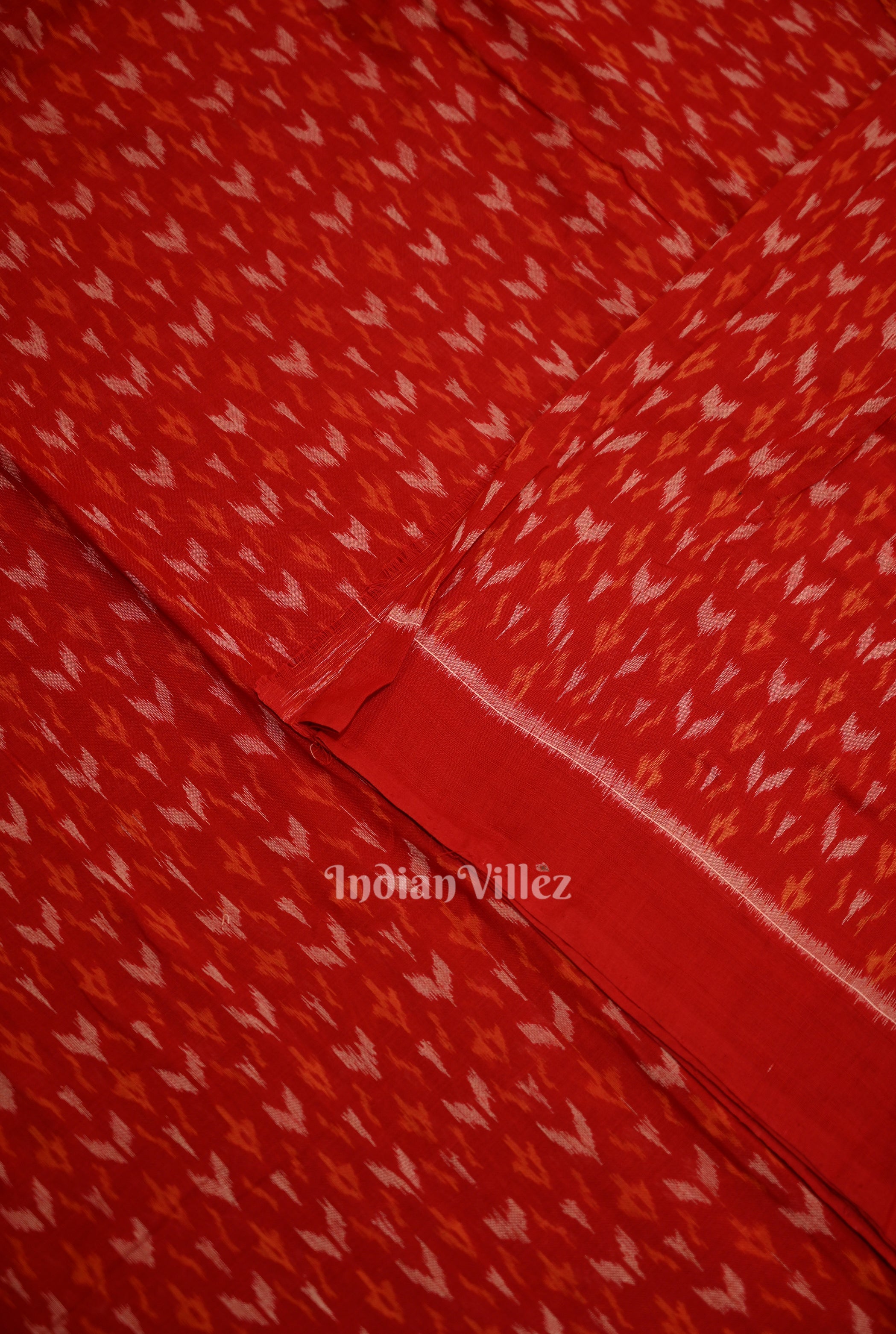 IndianVillèz Deep Red Arrows Motif Sambalpuri Ikat Cotton Fabric - view 2
