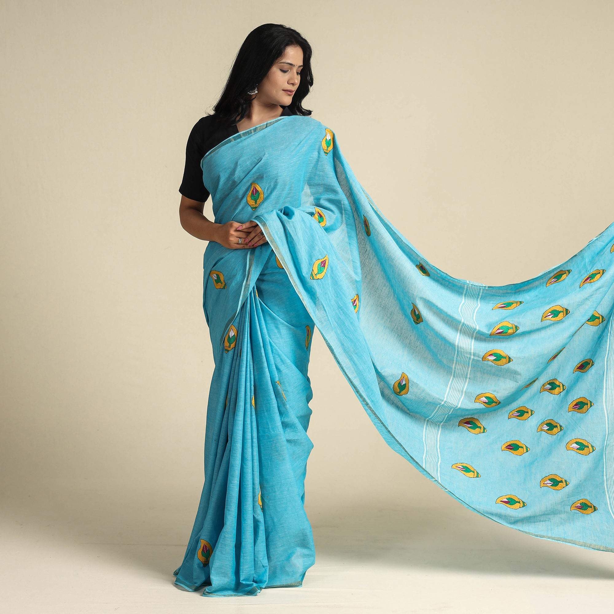 KHUSHBASH - HAPPY LOOM OF EAST Blue - Bengal Kantha Embroidery Pure Cotton Handloom Saree