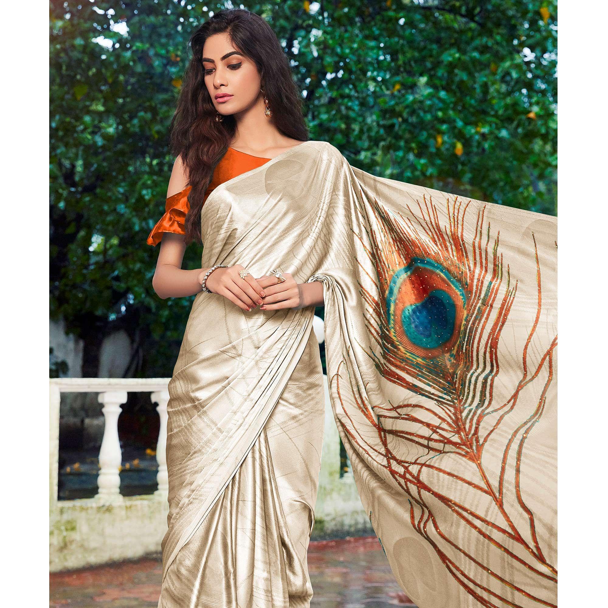 Peachmode Cream Printed Pure Silk Saree – Women's - view 2