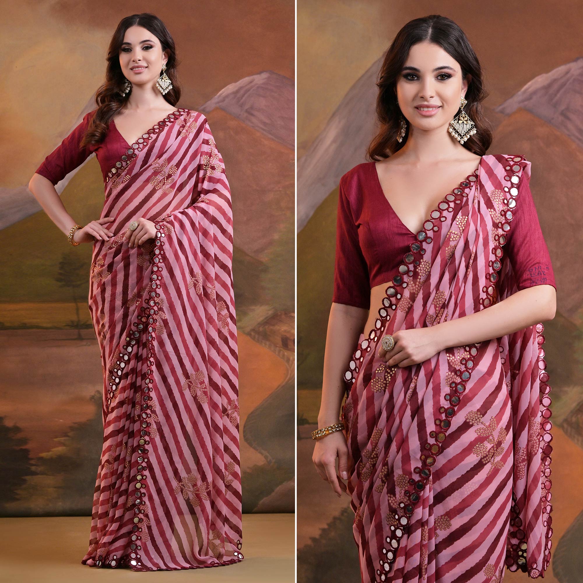Peachmode Maroon Leheriya With Floral Foil Printed Georgette Saree