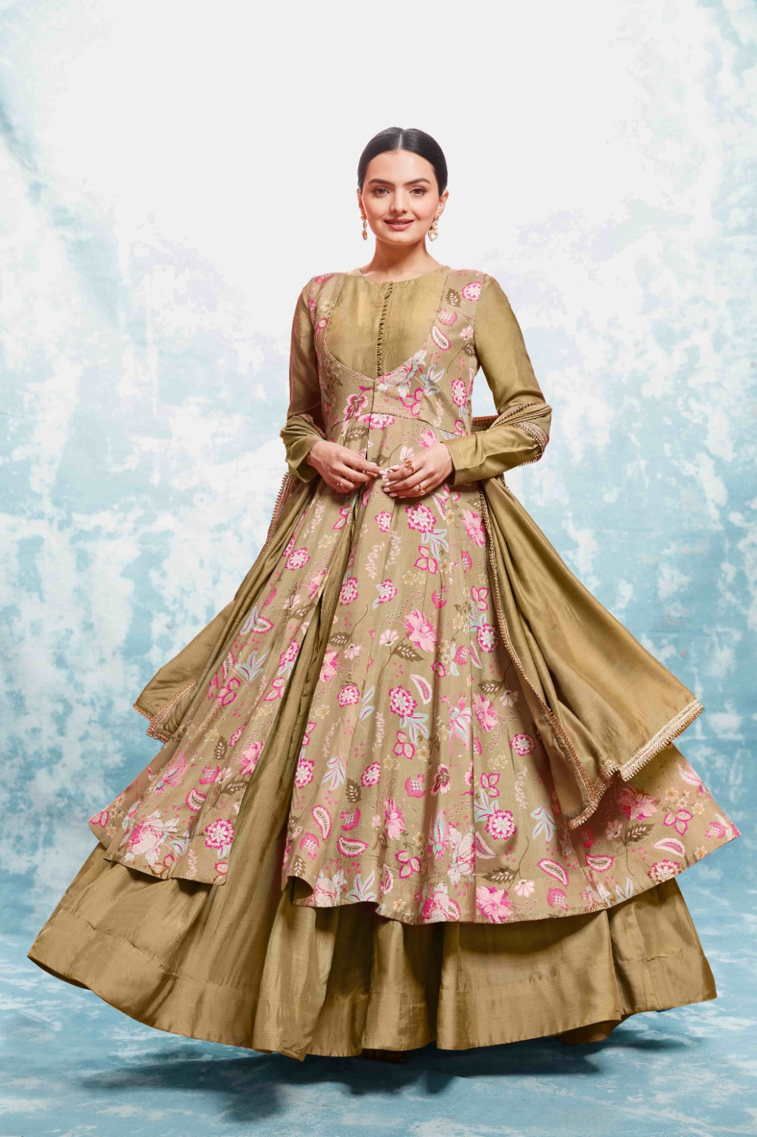 ClothsVilla Chic Olive Muslin Dress with Printed Work and Georgette Dupatta – Ready to Wear