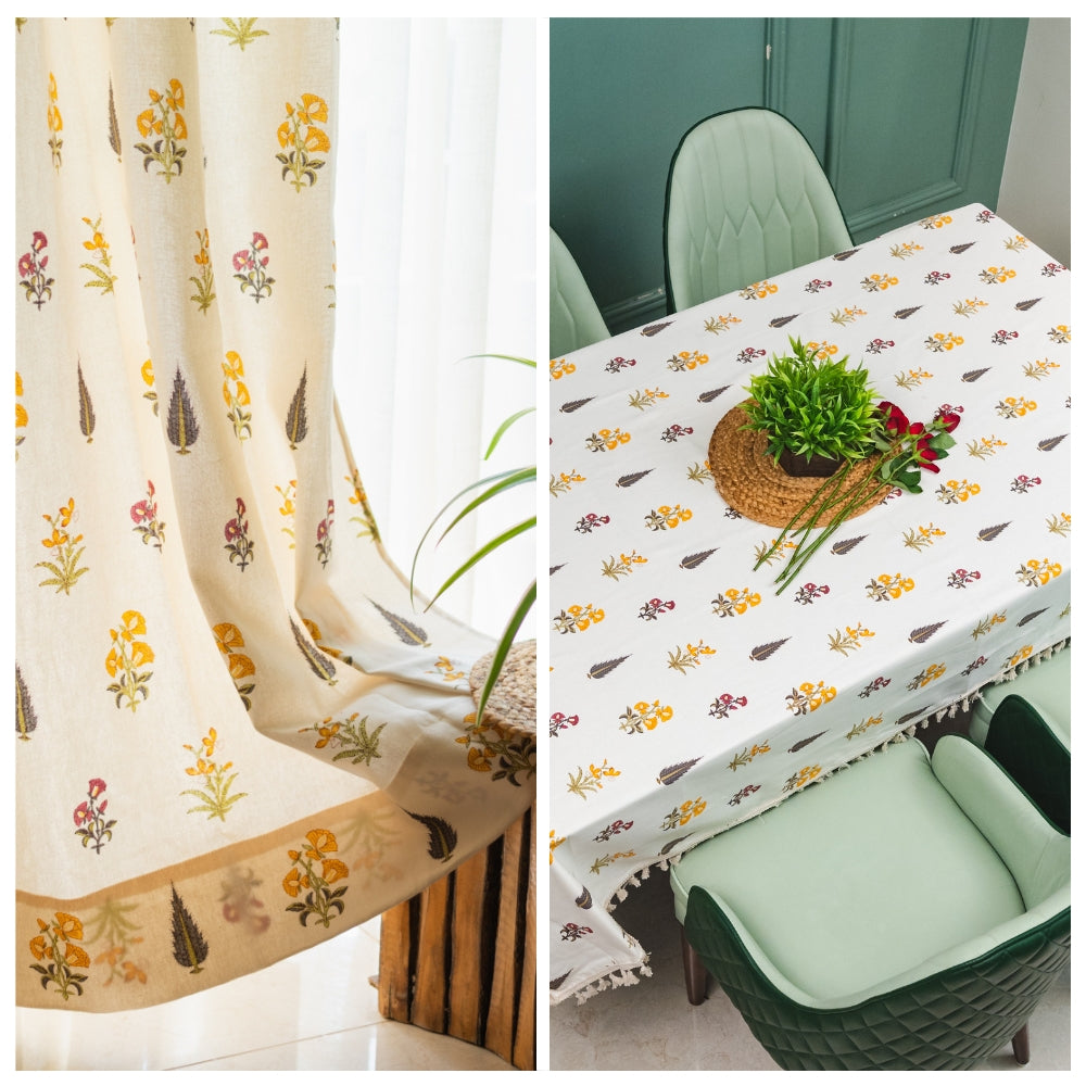 Cotton curtains cotton – Urban Space Home Furnishing Cotton Curtains + Cotton Table Cover - (Combo 1 - High Garden Yellow + High garden Yellow)