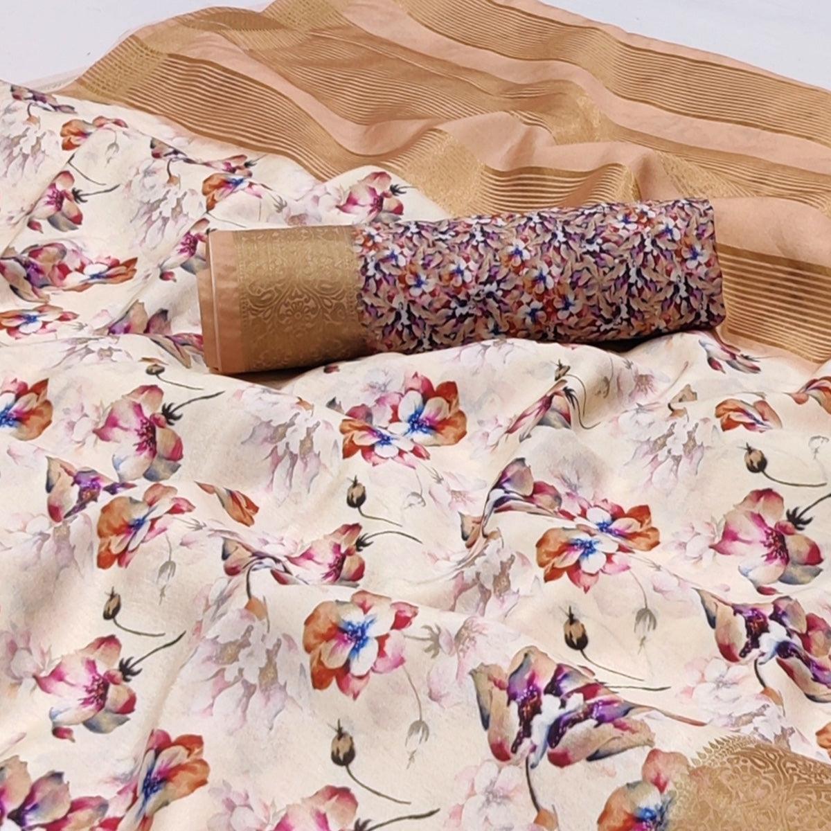 Peachmode Cream Digital Printed Dola Silk Saree - view 2