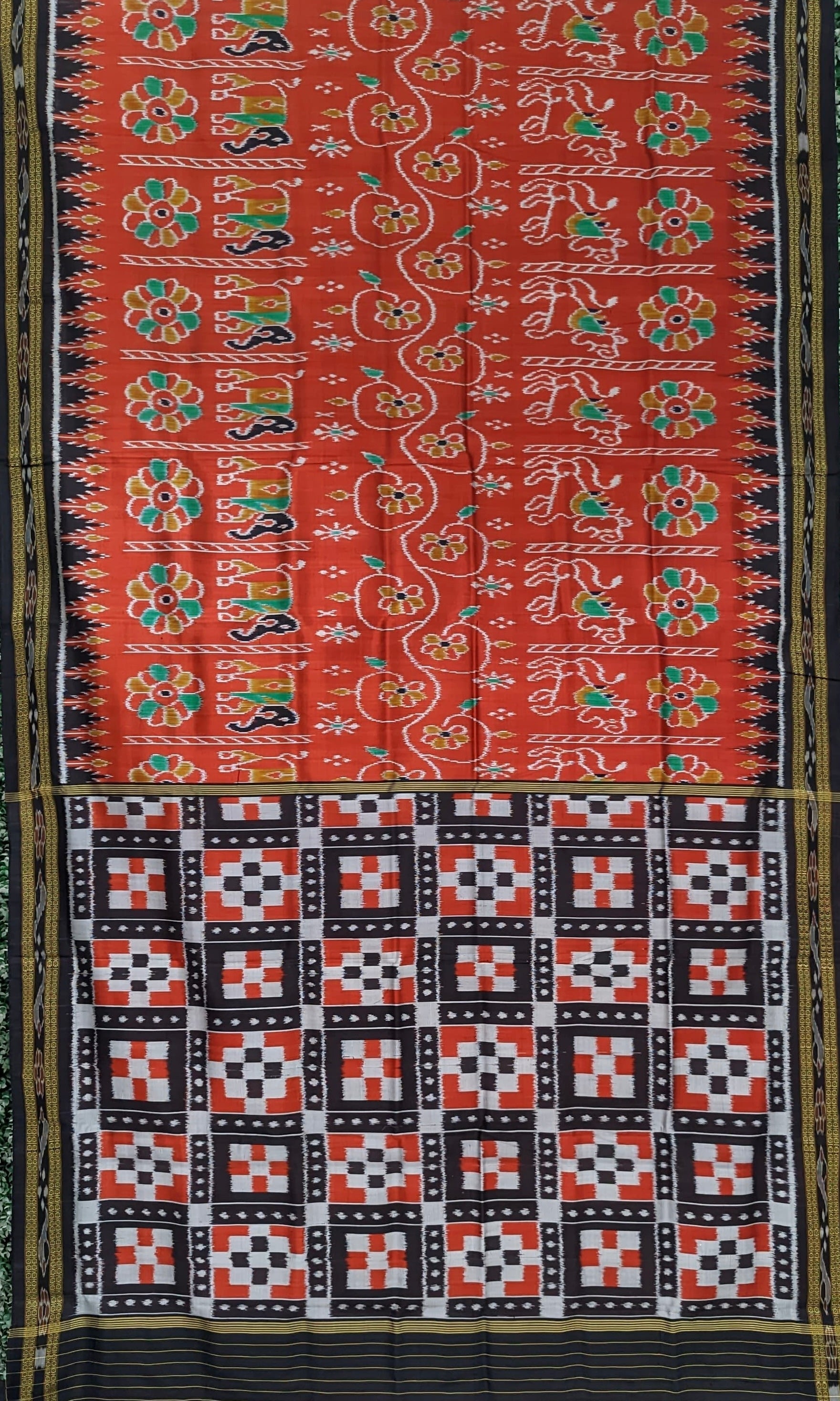 IndianVillèz Red Wild Animal Theme Odisha Ikat Khandua Silk Saree