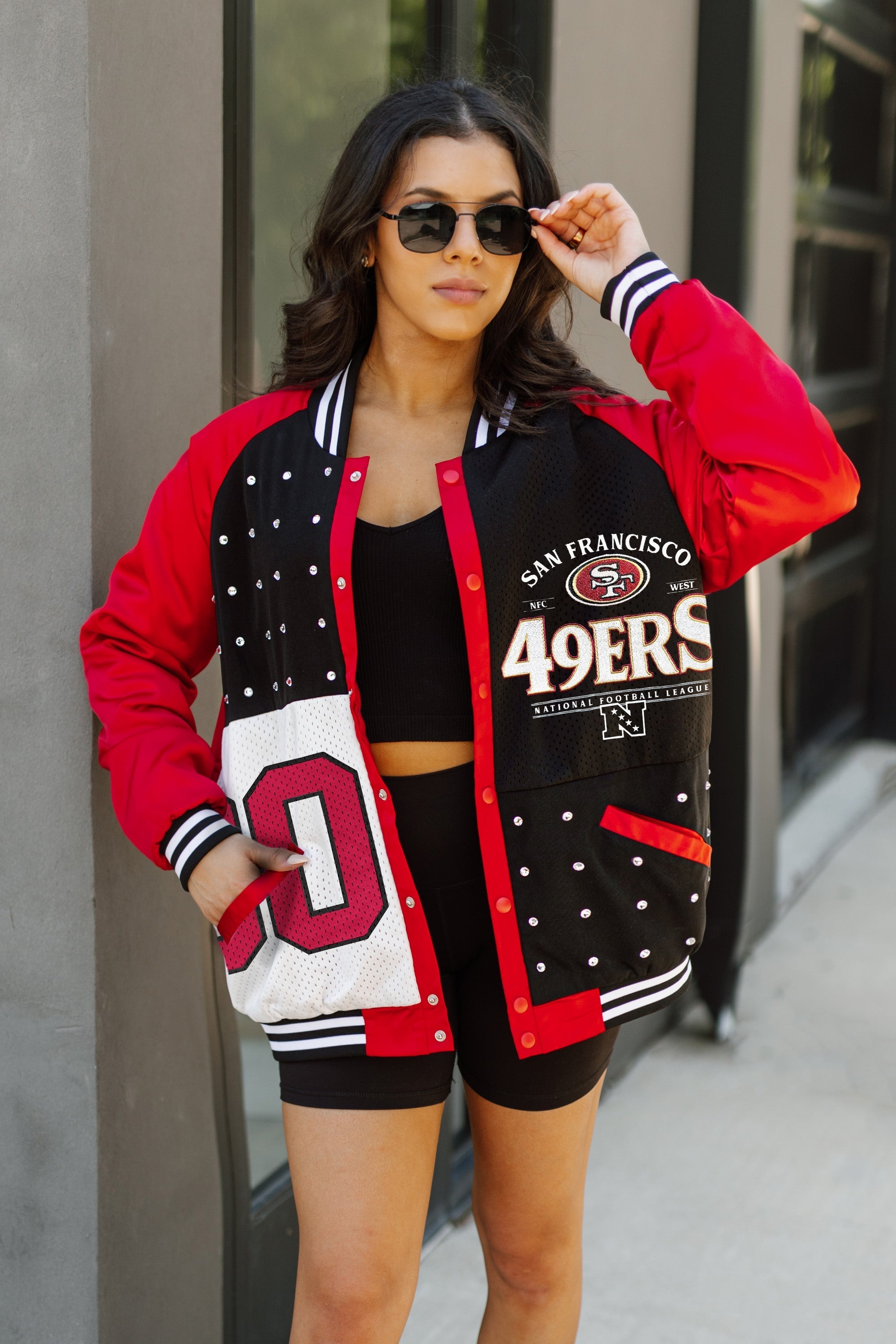 GC X NFL San Francisco 49ers Hot Shot Mixed Media Throwback Varsity Bomber Jacket With Rhinestone Inserts - view 2