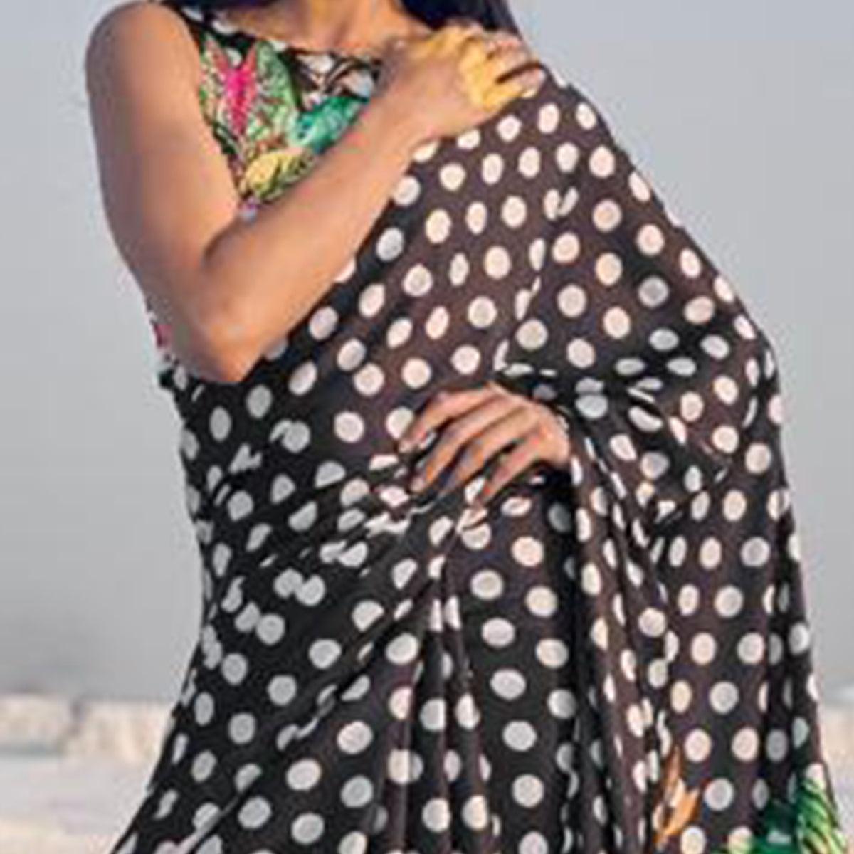 Peachmode Flaunt Black Colored Partywear Digital Printed Japan Satin Crepe Saree - view 2