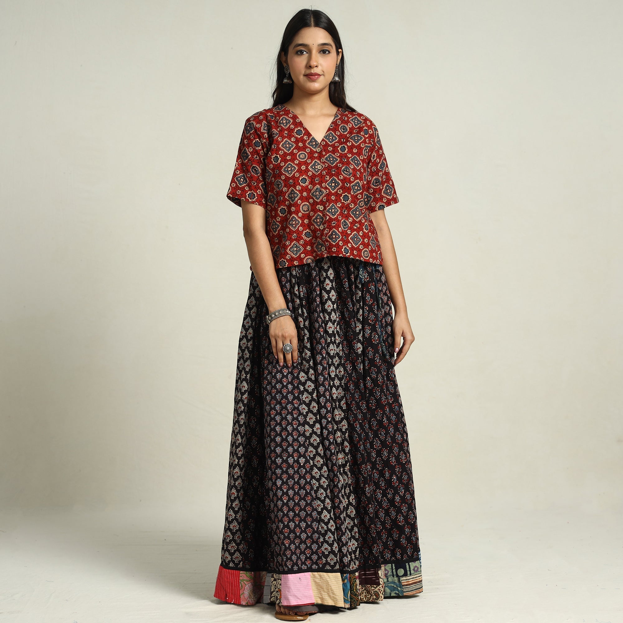 NOORI BAZAR Black - Ajrakh Block Printed 24 Kali Patchwork Cotton Long Skirt 41