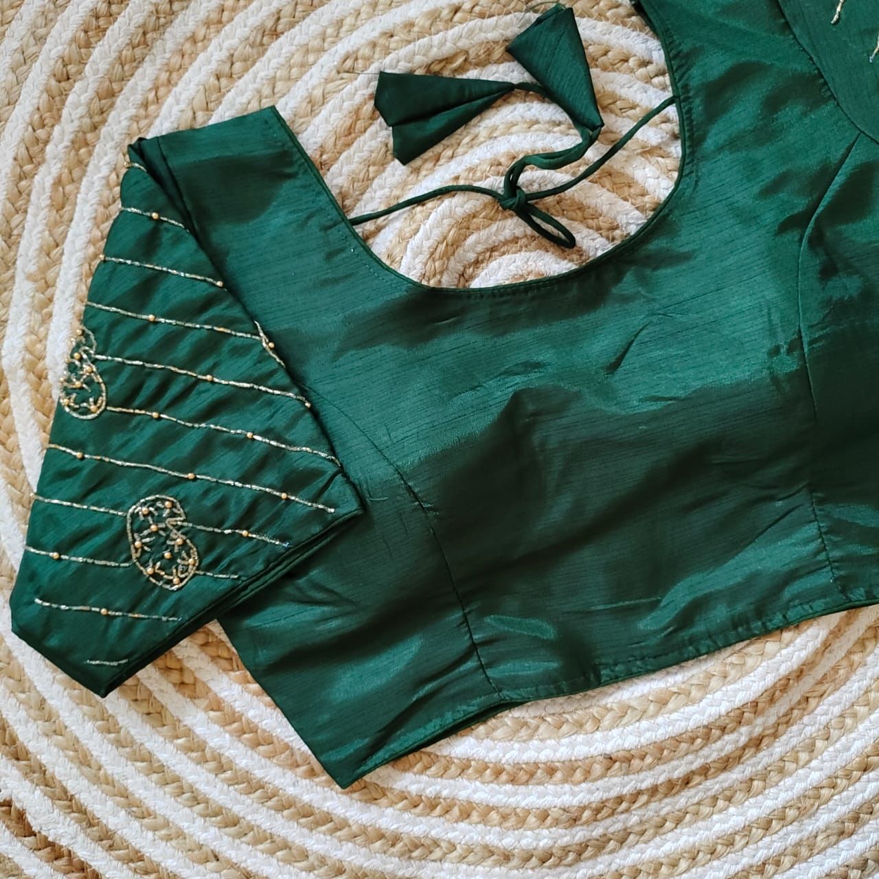 ClothsVilla Green Pure Silk Blouse with Handcrafted Sleeves and Back Opening