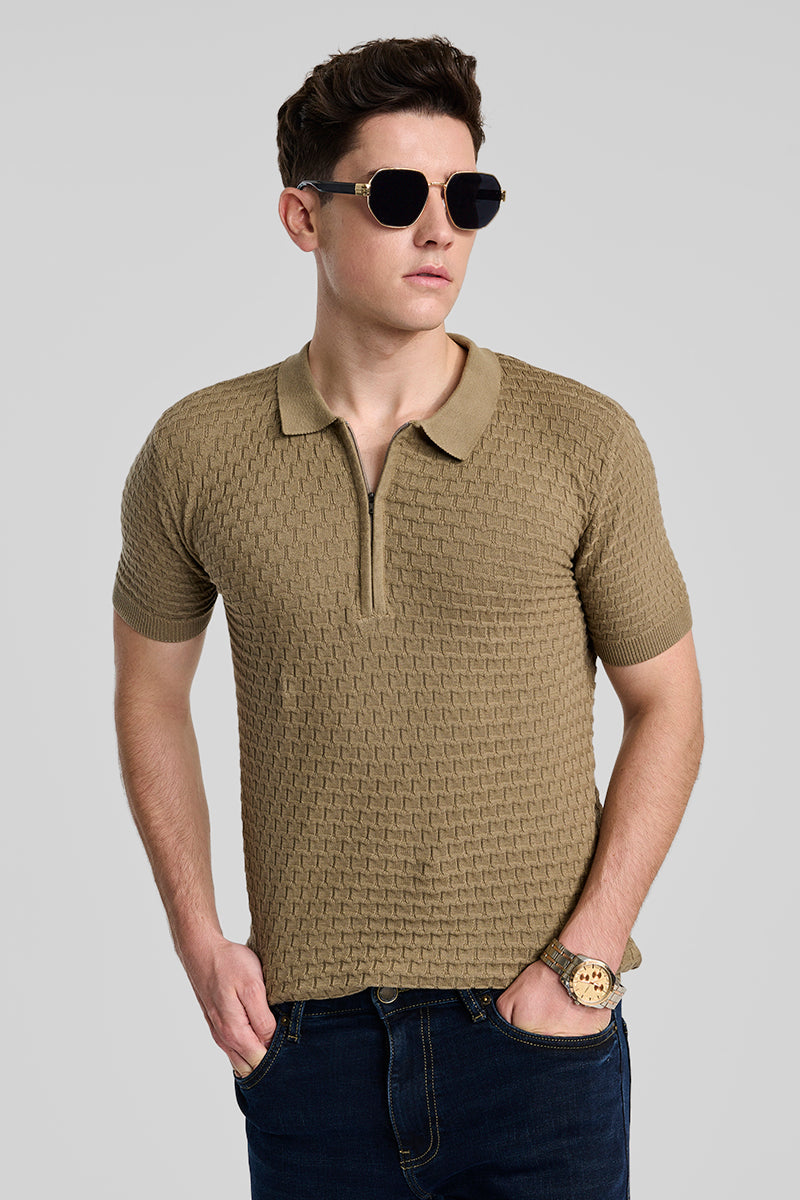 SNITCH Khaki Zipper Knitted Polo T-Shirt