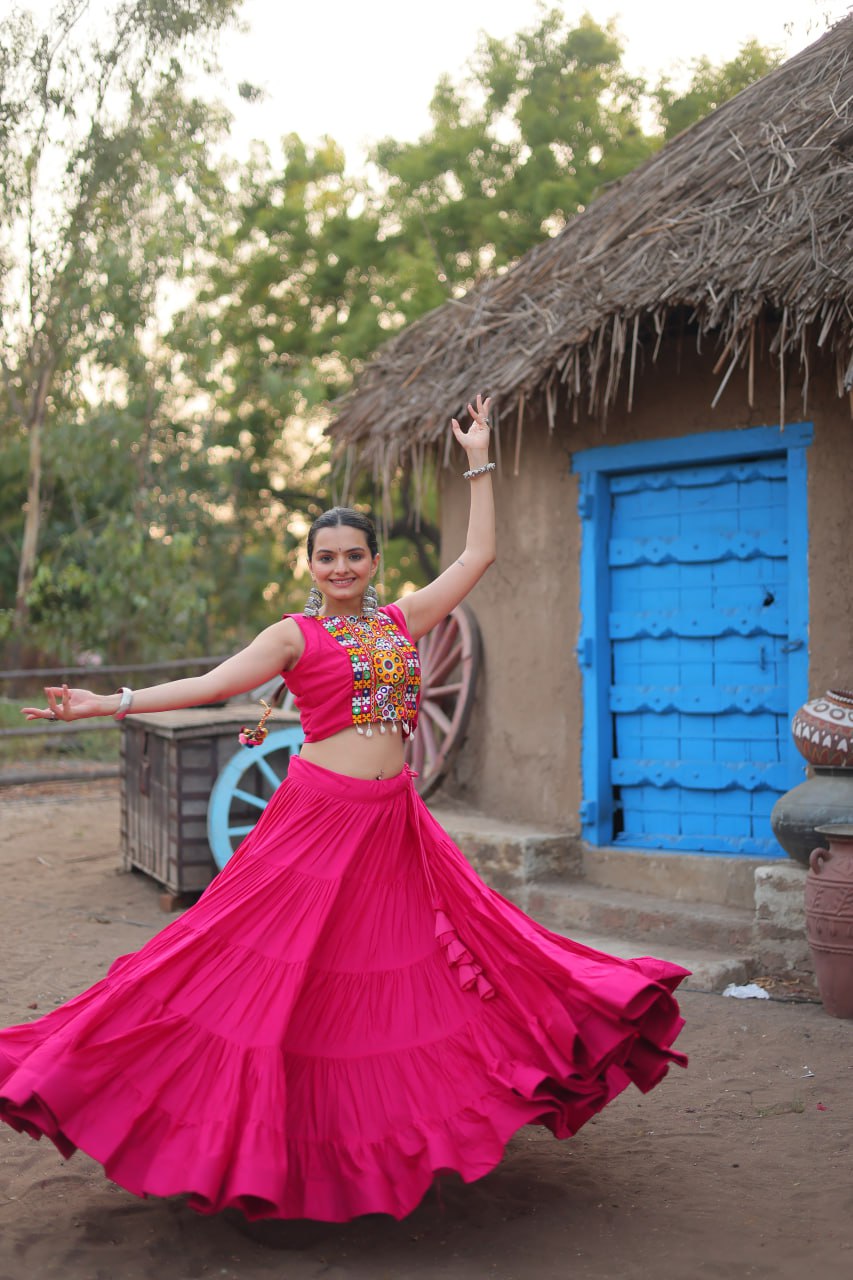 ClothsVilla Pink Traditional Reyon Lehenga Set with Embroidered Blouse and Koti