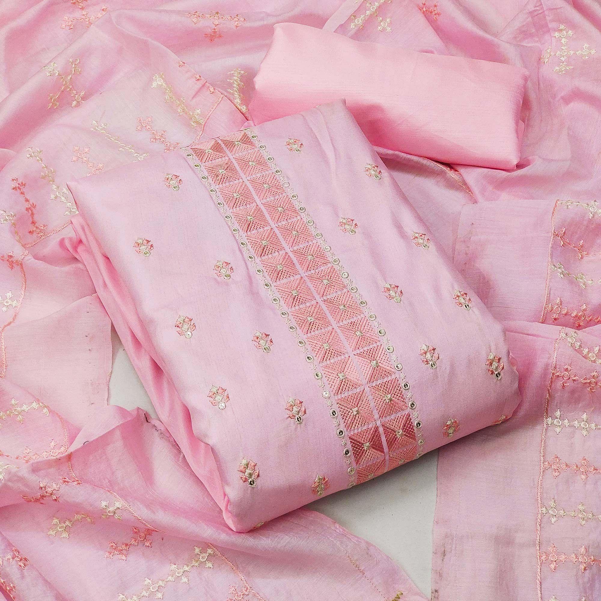 Peachmode Light Pink Casual Wear Embroidered Jelly Silk Dress Material