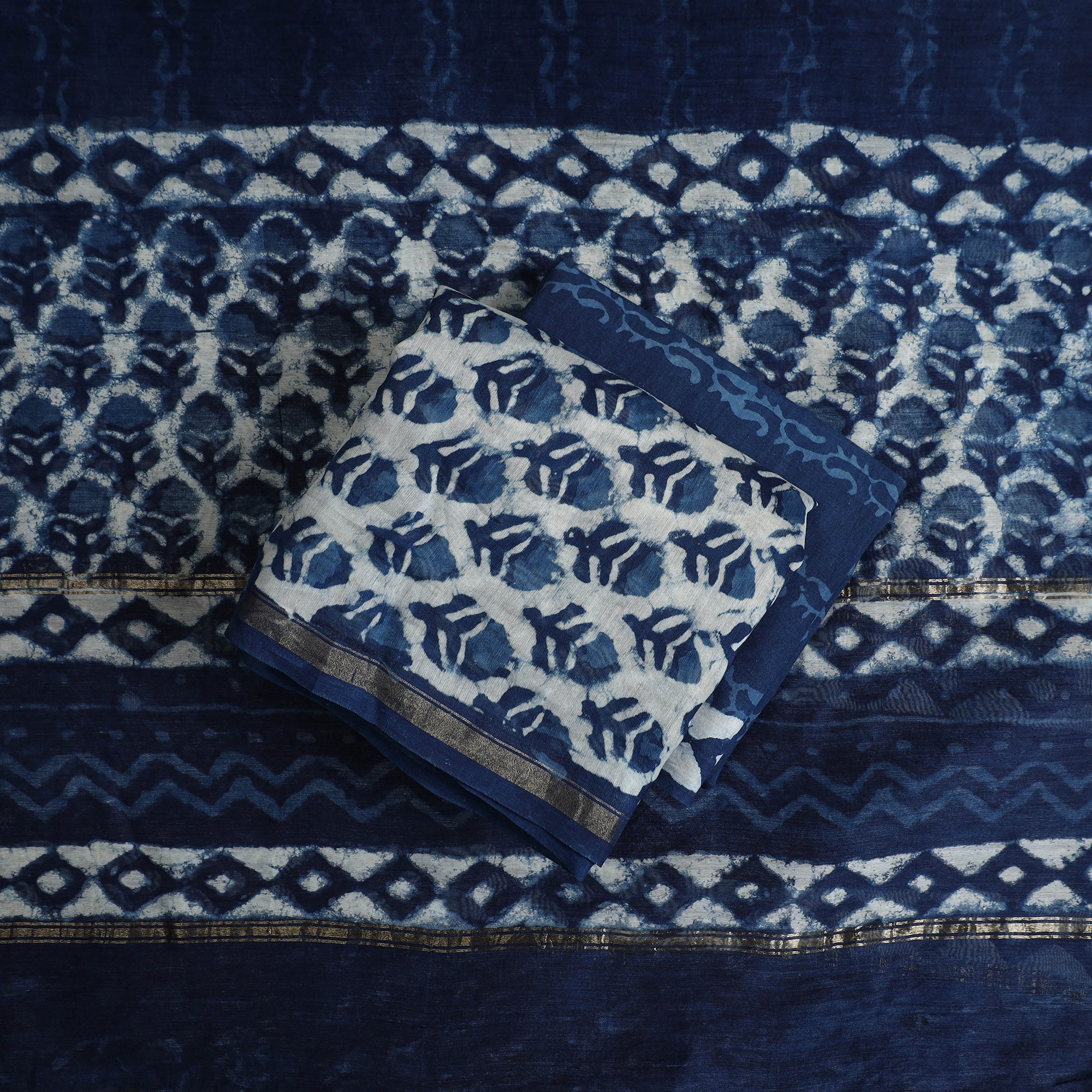 ARTISAN HAND BLOCK PRINTS Blue - 3pc Chanderi Silk Indigo Bagru Print Dress Material 09 - view 2