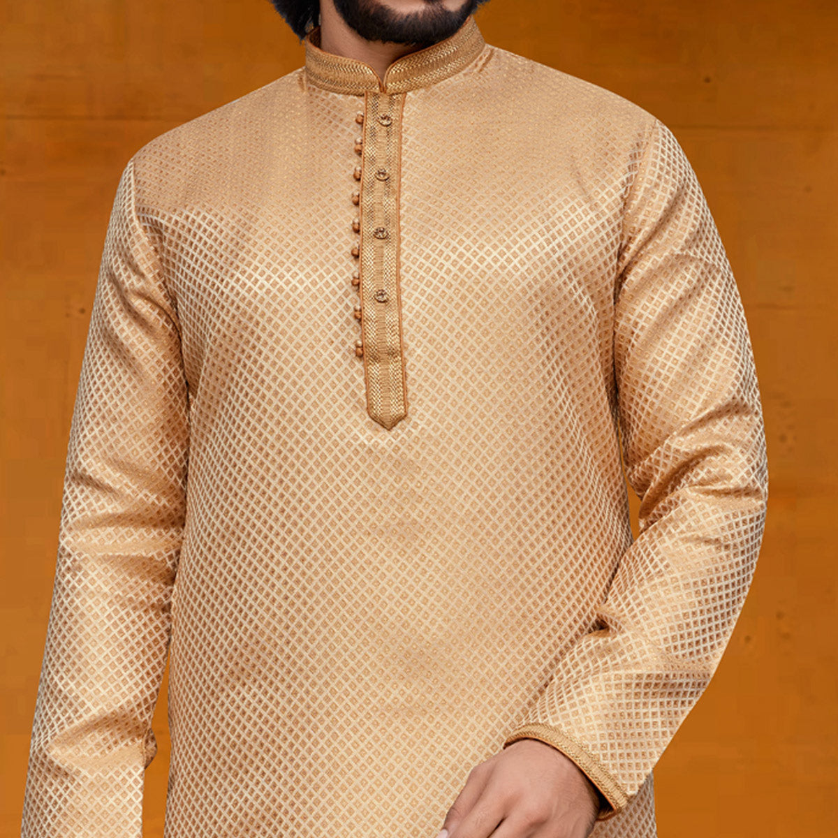 Peachmode Seller Cream Woven Jacquard Kurta Pyjama Set - view 3