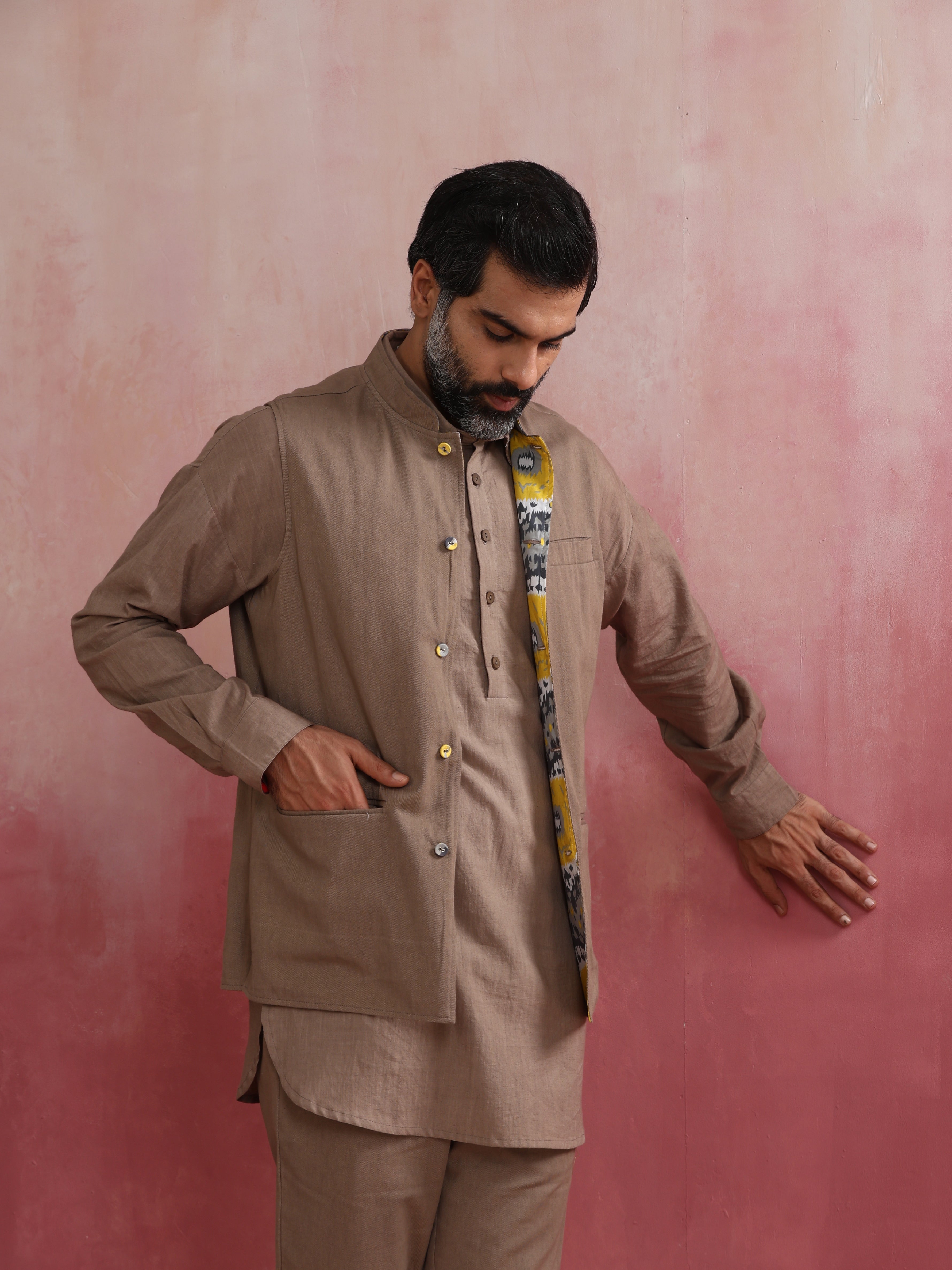 trueBrowns Men's Beige Ikat Reversible Nehru Jacket - view 3