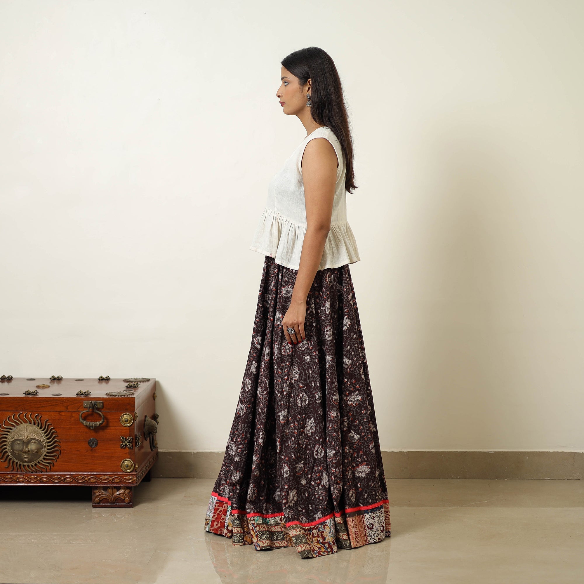 NOORI BAZAR Brown - Hand Block Printed Cotton Long Bagru Skirt 07 - view 3