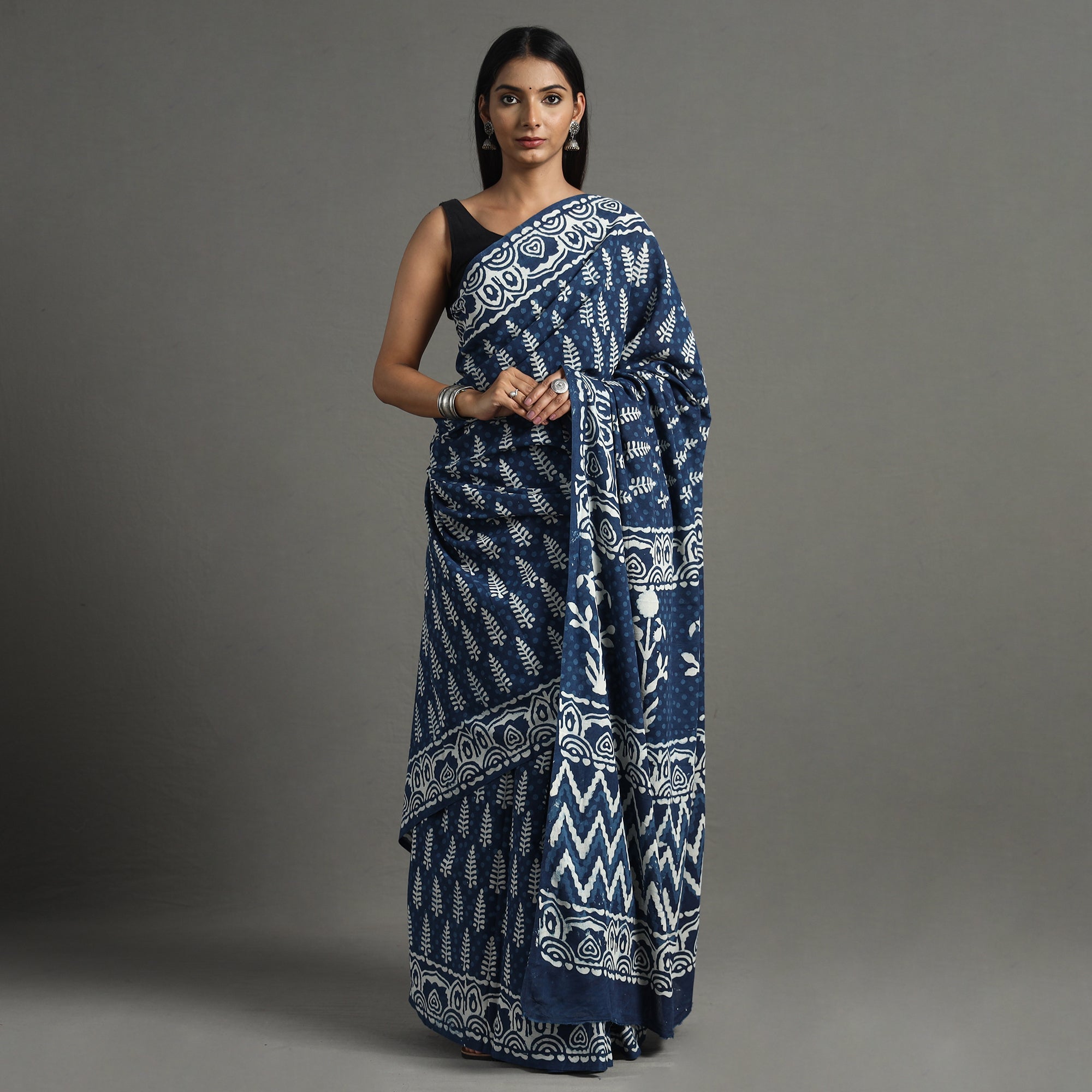 HAVELI CHRONICLES Blue - Bagru Hand Block Printed Mul Cotton Natural Dyed Saree 14