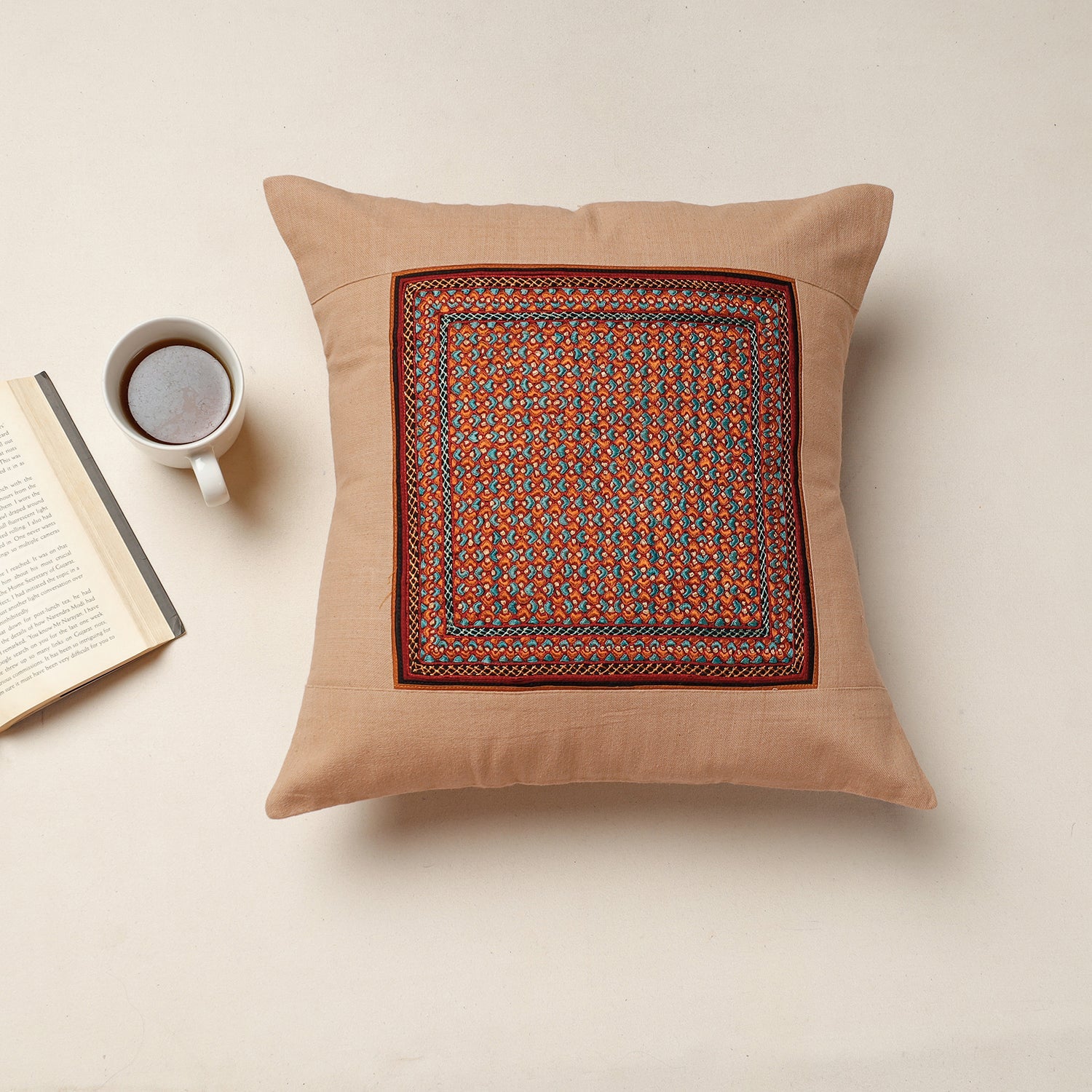 QASAB Beige - Kutch Neran Hand Embroidery Cotton Cushion Cover (16 x 16 in)