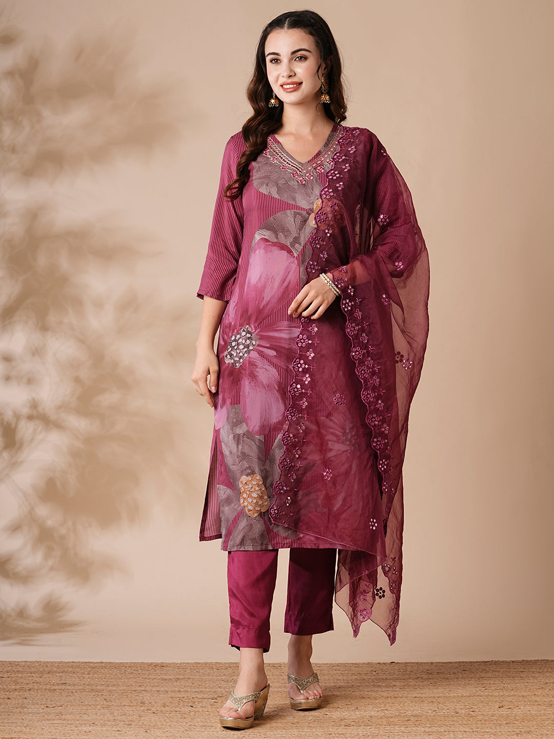 Fashor Floral Printed Mirror Embroidered Kurta with Pants & Embroidered Dupatta - Burgundy