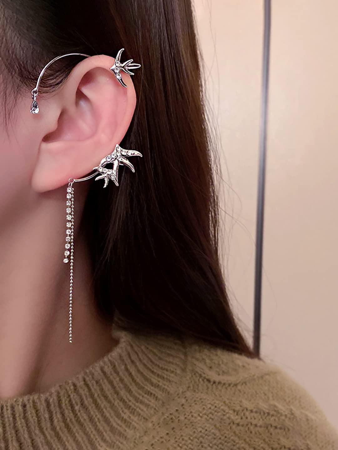 Yellow Chimes Earrings for Women and Girls Fashion Silver Ear Cuff | Silver Tone Ear Cuff Cartilage Ear Clips Tassel Dangle Earrings | Birthday Gift f - view 5