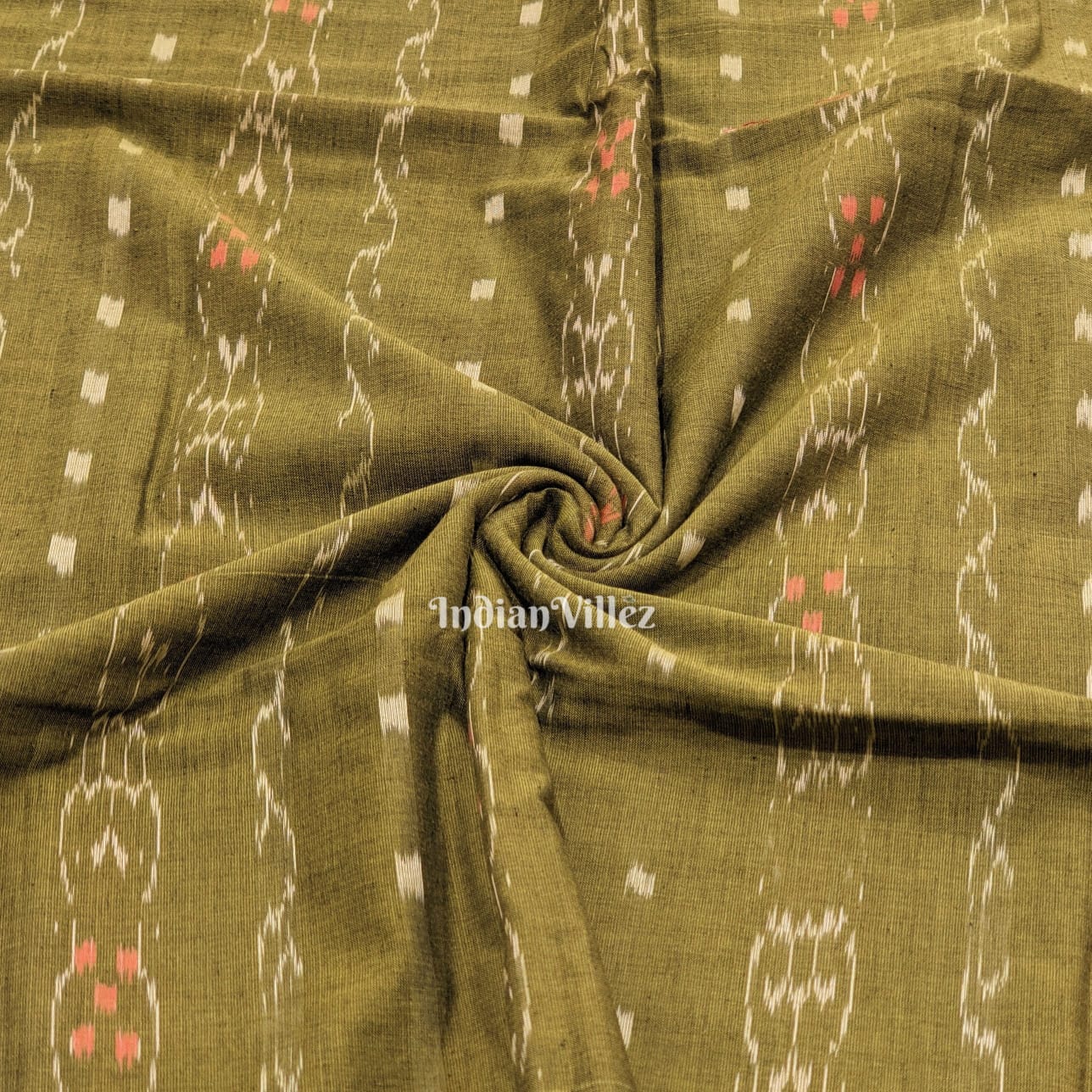 IndianVillèz Mehendi Green Tipa Design Sambalpuri Ikat Cotton Fabric
