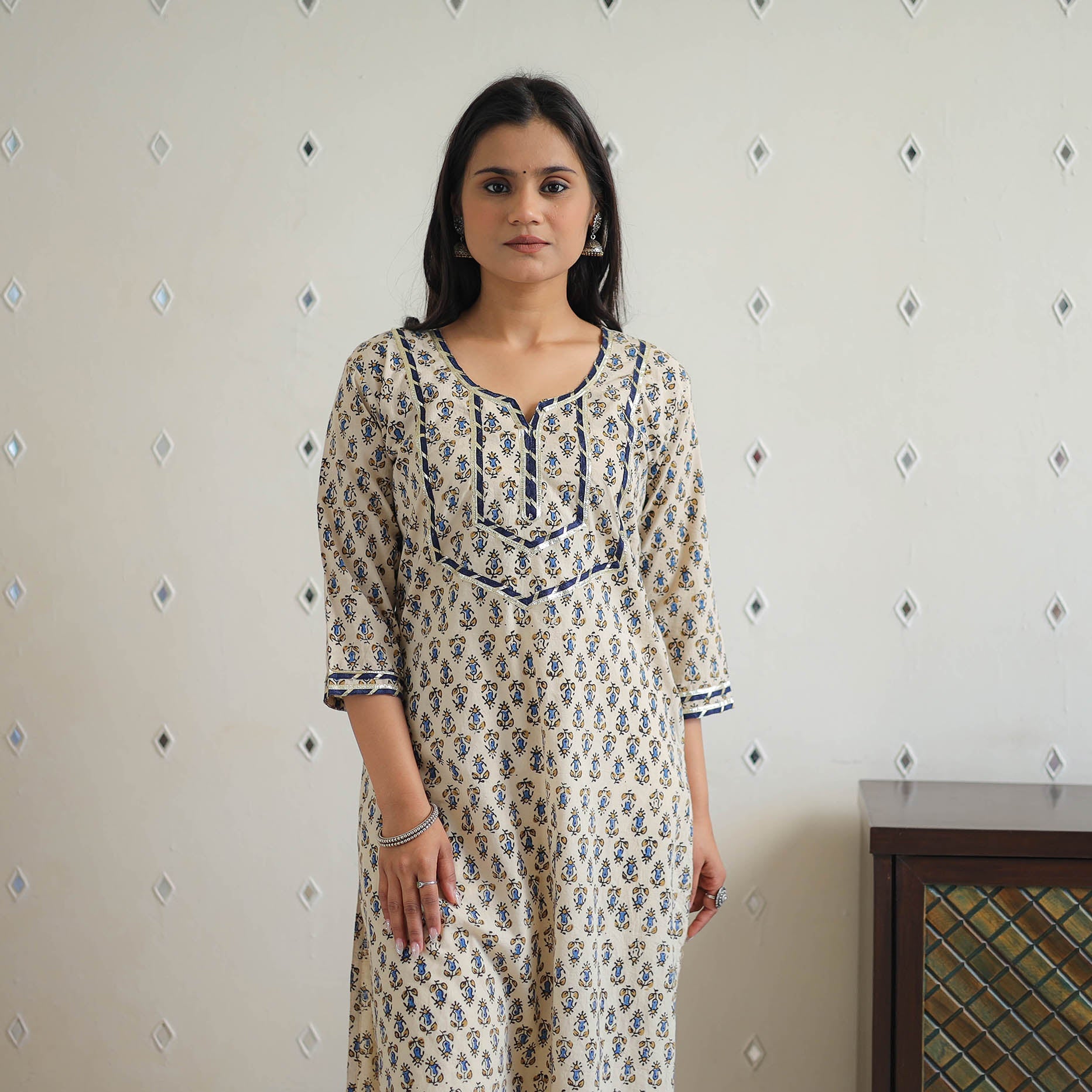 ITOKRI CASUALS Beige - Block Printed Cotton Gota Work Long Ajrakh Kurta 12