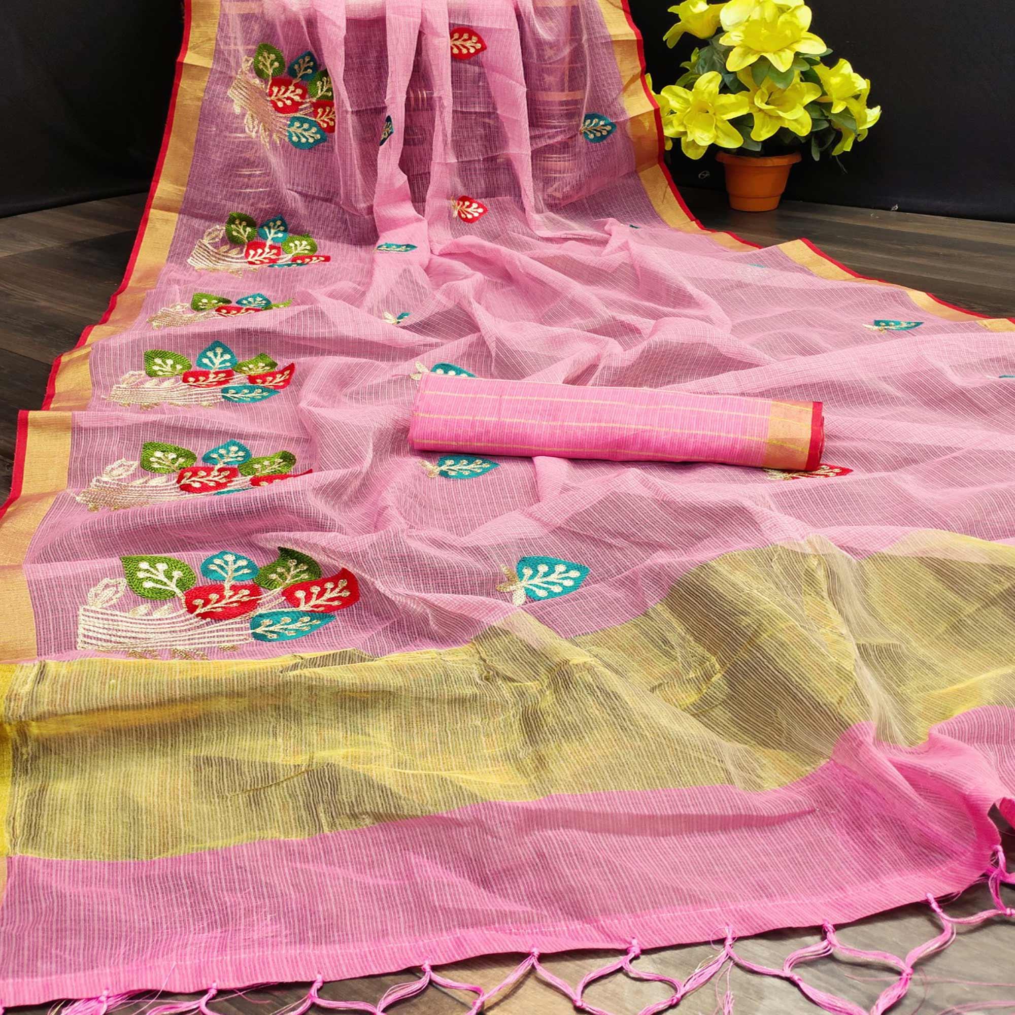 Peachmode Energetic Light Pink Colored Festive Wear Embroidered Silk Saree