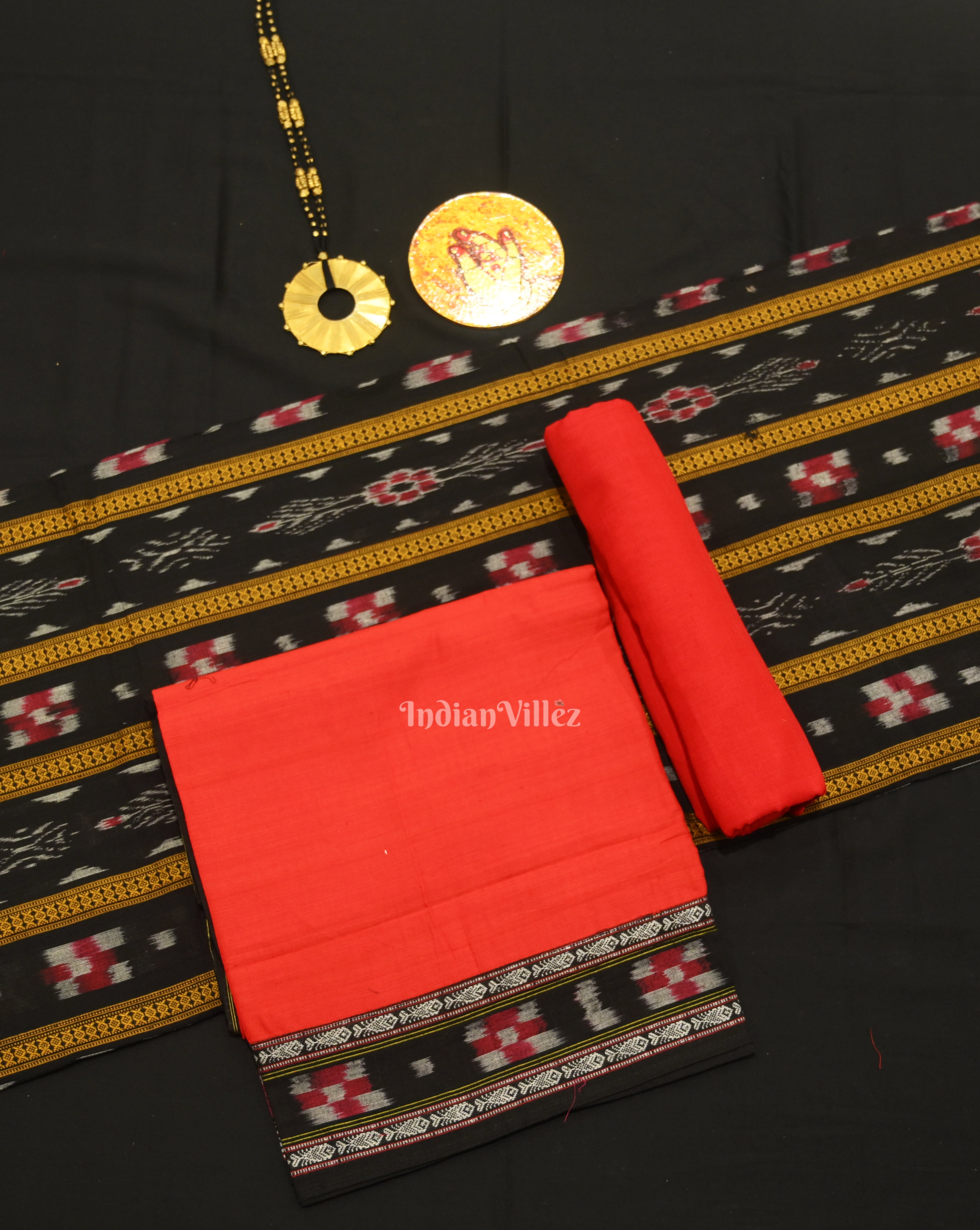 IndianVillèz Black Red Pasapali Sambalpuri Cotton Dress set with Dupatta