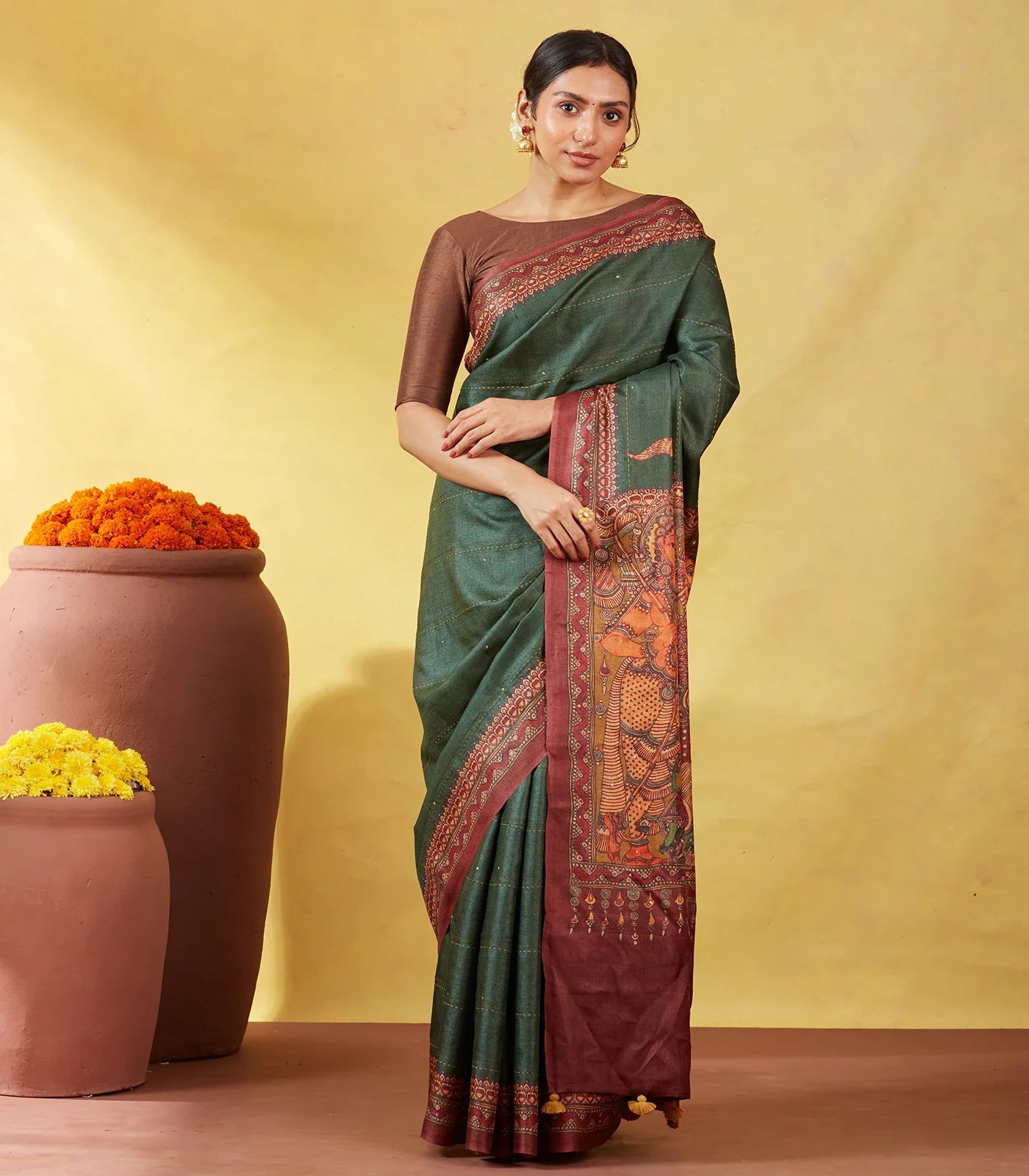RmKV Bottle Green Handloom Tussar Silk Saree Printed With Lord Ram In Pallu