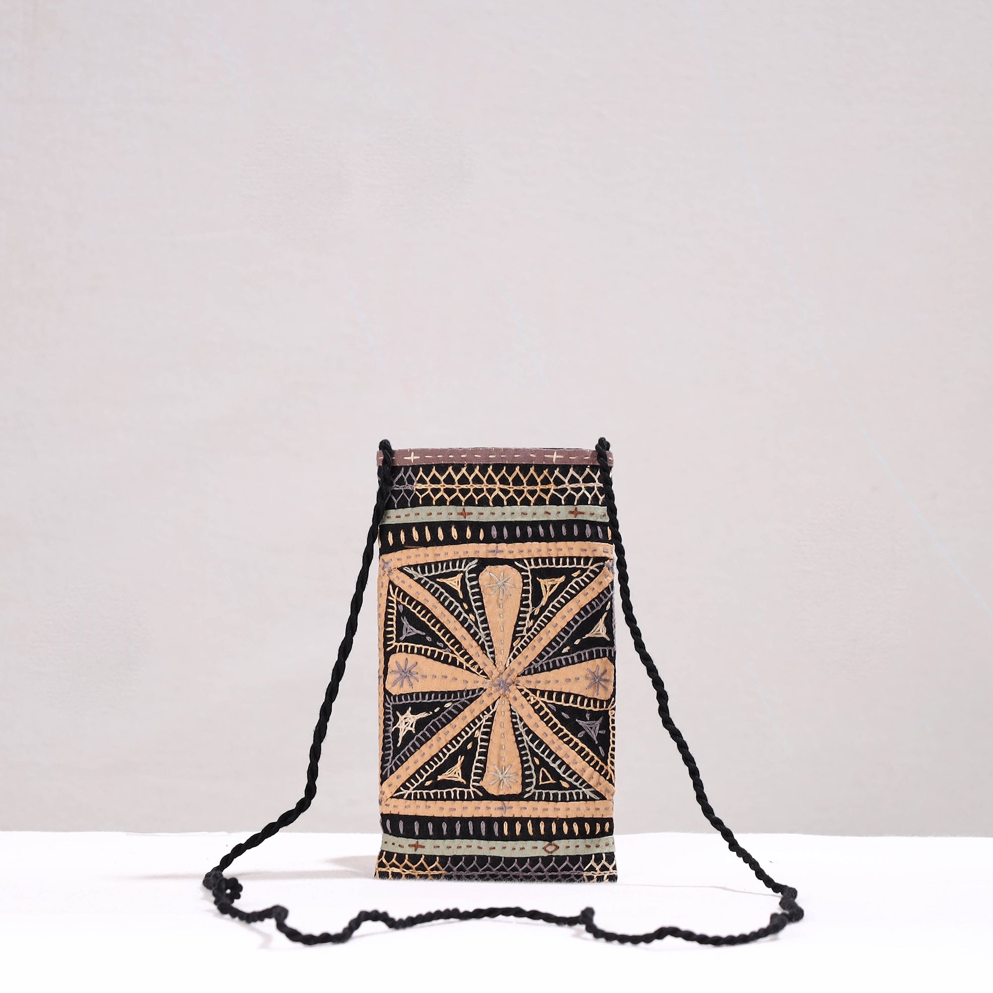 QASAB Black - Kutch Dhebariya Qatab Hand Embroidery Cotton Sling Dori Mobile Pouch - view 2