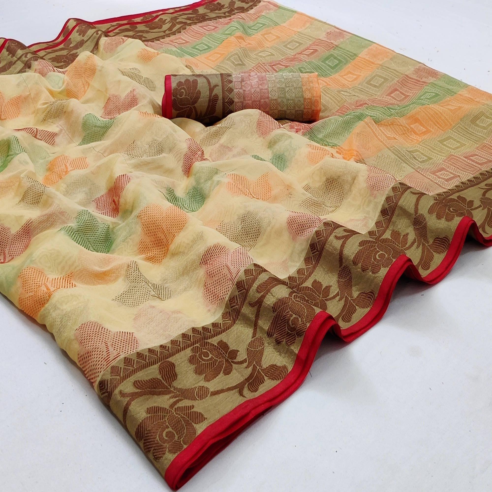Peachmode Chikoo Festive Wear Woven Rich Pallu Organza Saree