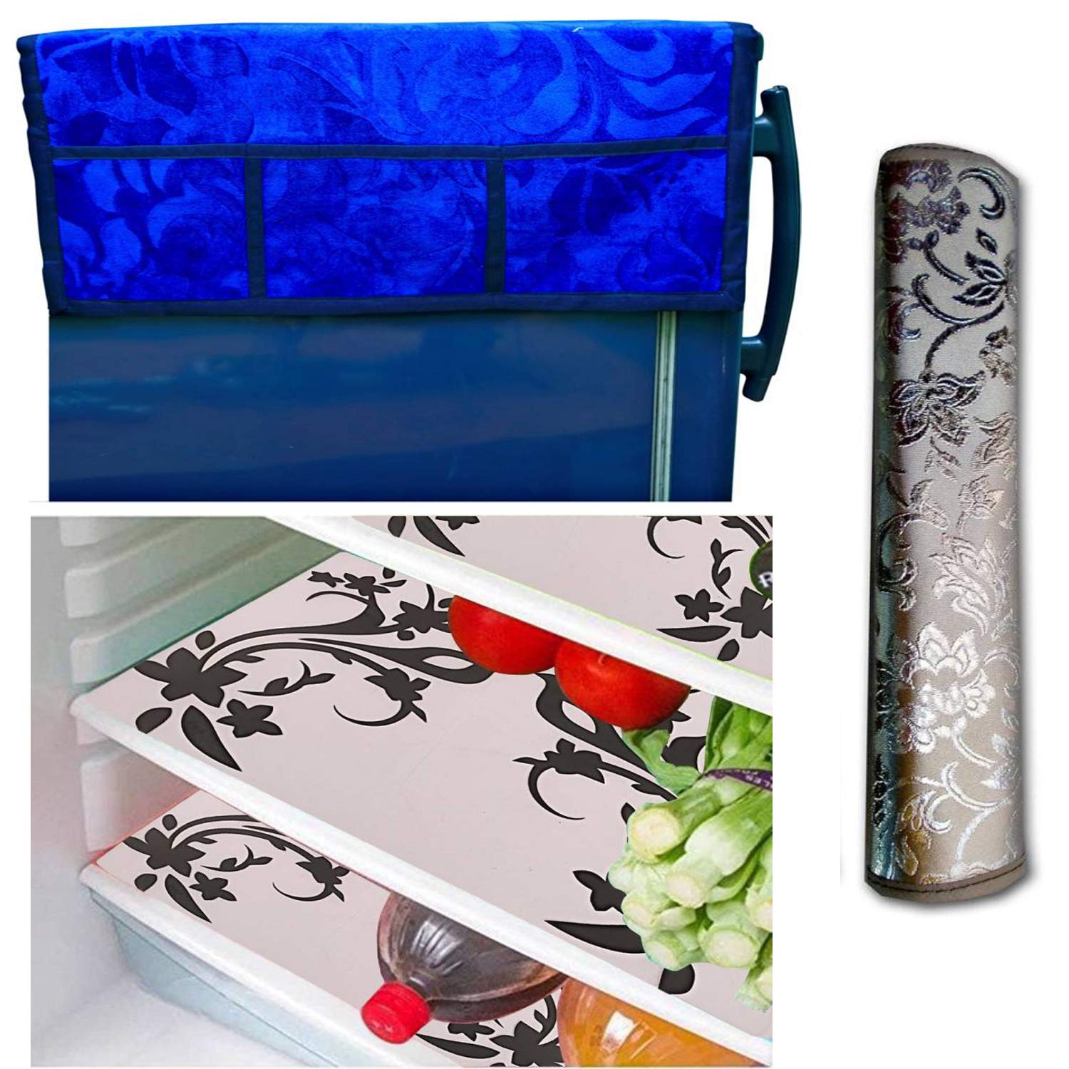 Kuber Industries Cloth 3 Pieces Fridge Mat, 1 Piece Handle Cover and 1 Pieces Fridge Top Cover (Multi)-CTKTC2782