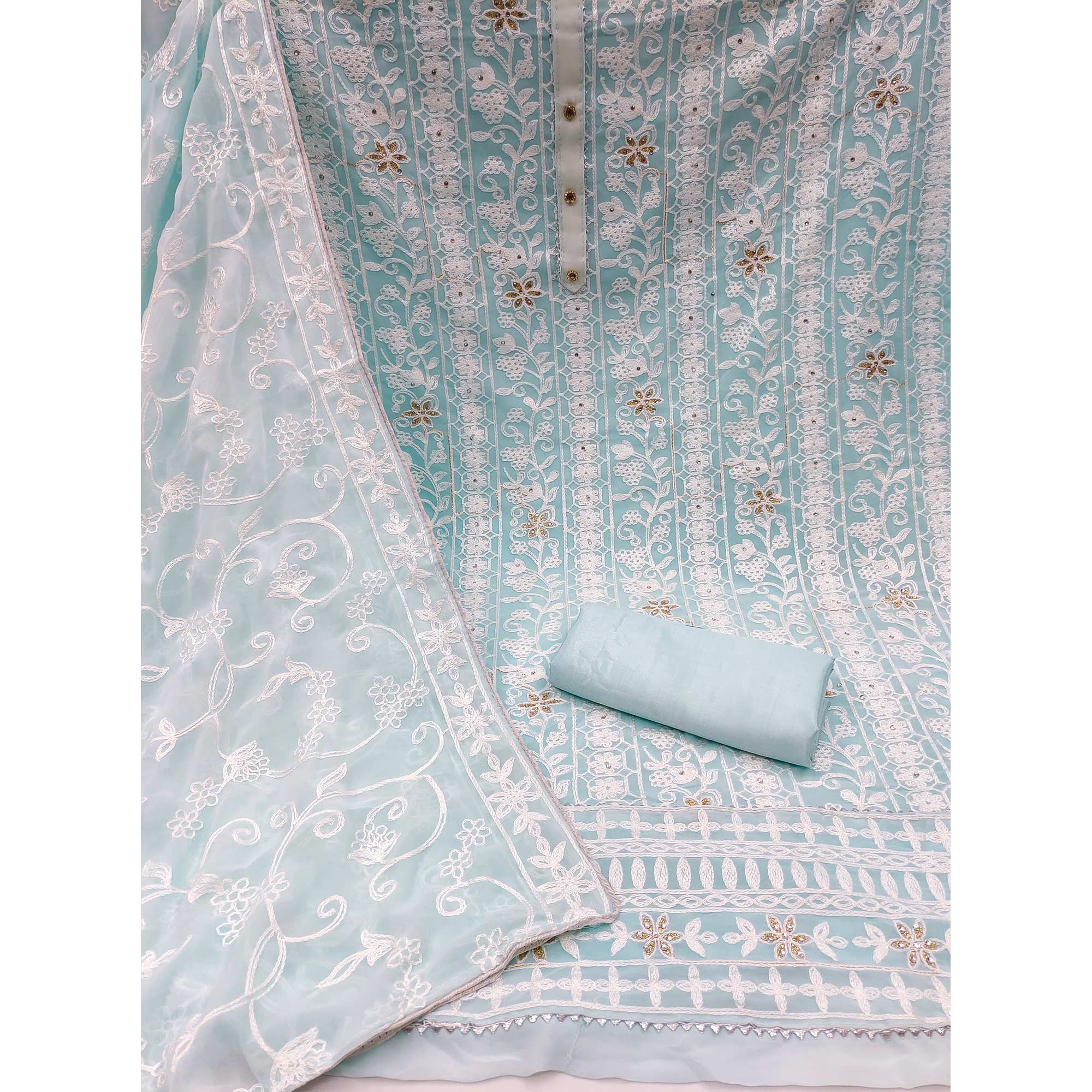 Peachmode Light Blue Lucknowi Embroidered Georgette Dress Material - view 3