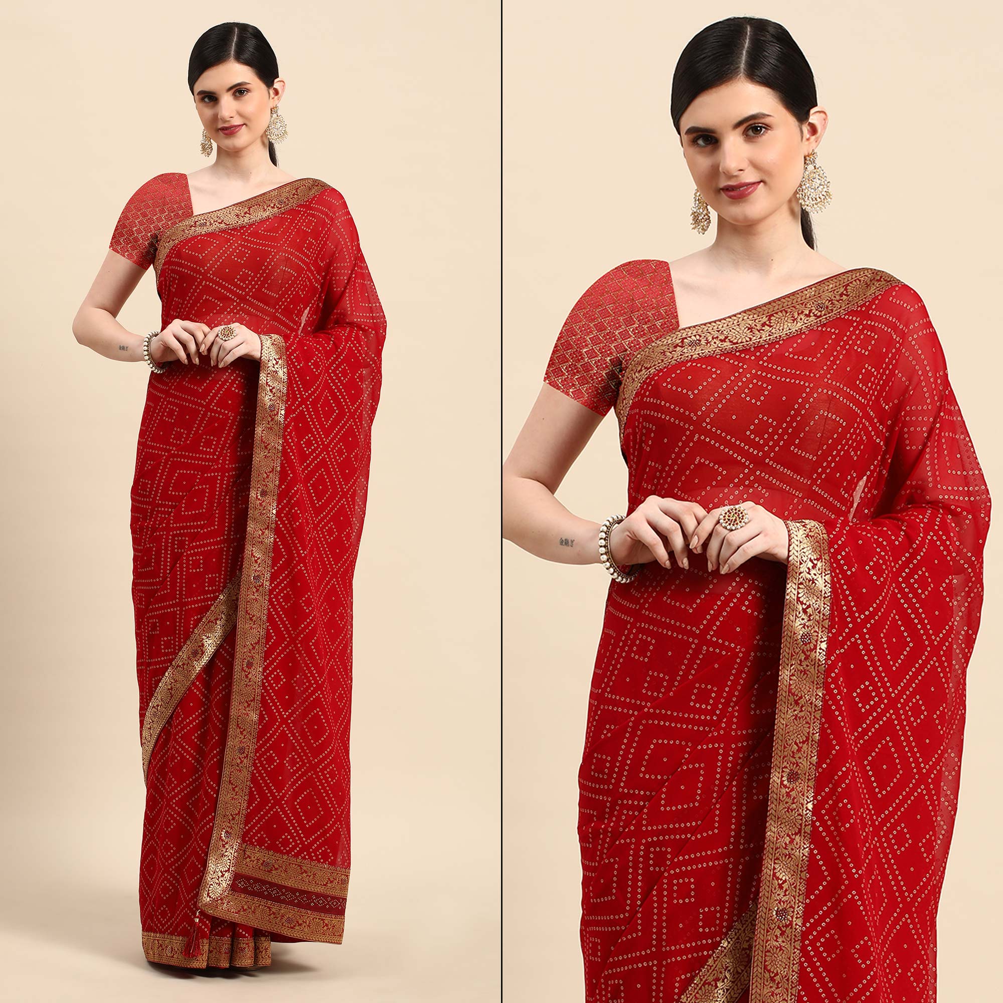 Peachmode Dark Red Foil Printed With Swarovski Georgette Saree