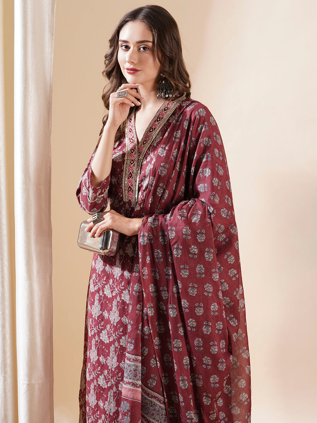 Fashor Floral Block Printed Mirror & Zari Embroidered Kurta with Pants & Dupatta - Maroon - view 2