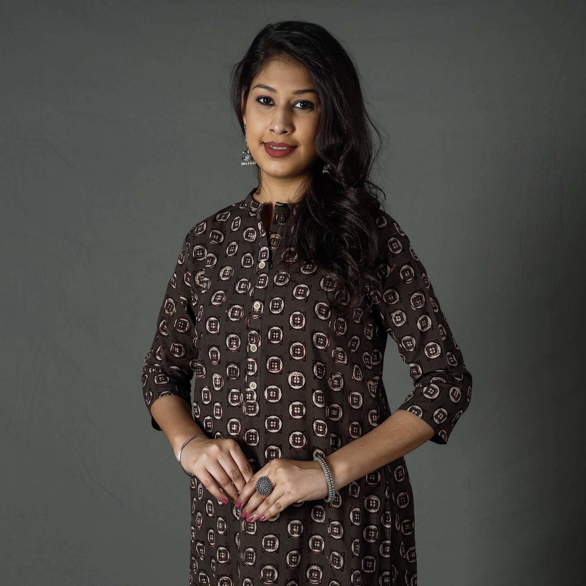 ITOKRI CASUALS Brown - Pipad Block Printed Cotton Long Straight Kurta