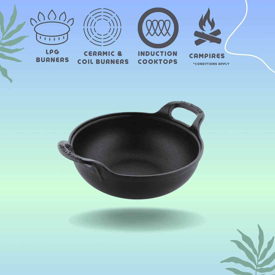 Trilonium Triple Seasoned Cast Iron CrockWok Kadhai | Gas & Induction Compatible | Black - view 13