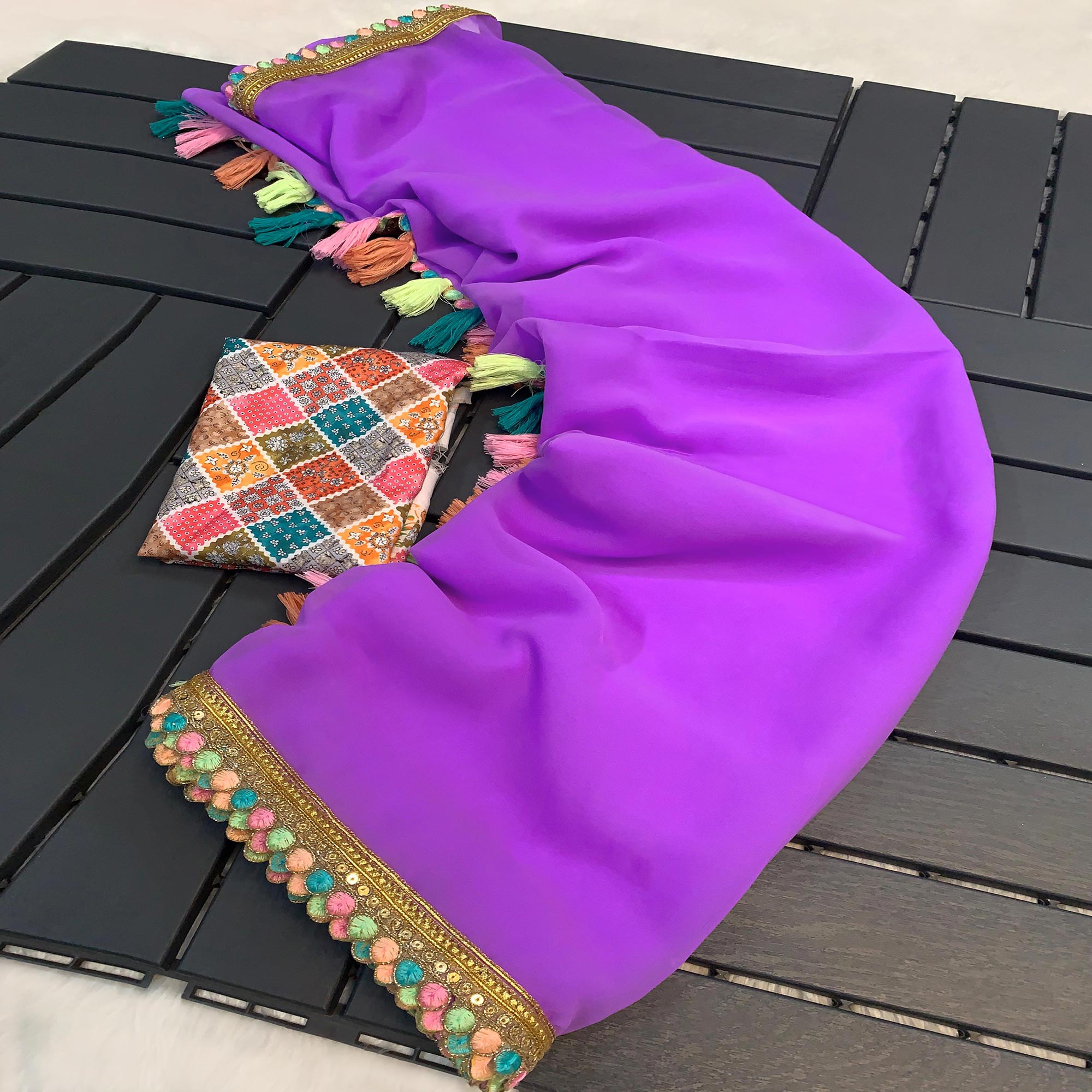 Peachmode Purple Solid Georgette Saree With Sequins Embroidered Border