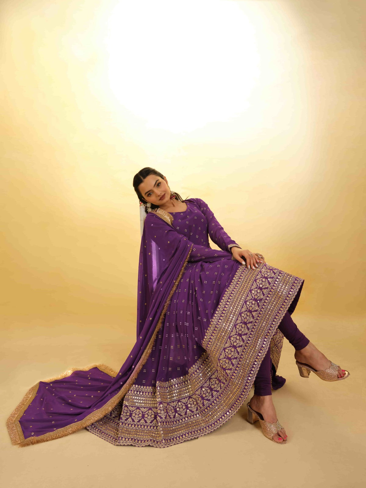 ClothsVilla Purple Georgette Suit with Embroidery and Shantoon Bottom - view 6