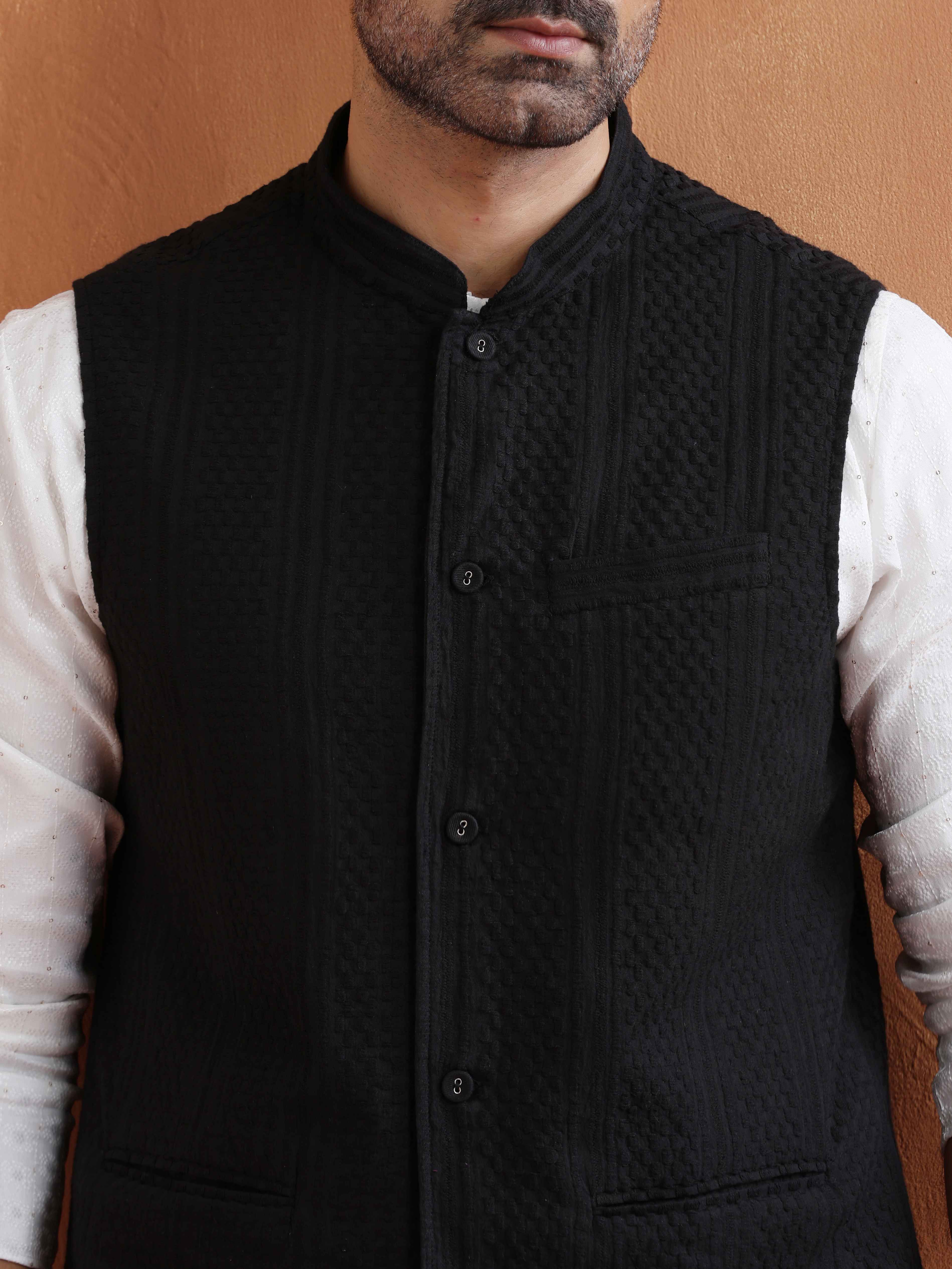 trueBrowns Men's Black Textured Cotton Dobby Nehru Jacket - view 4