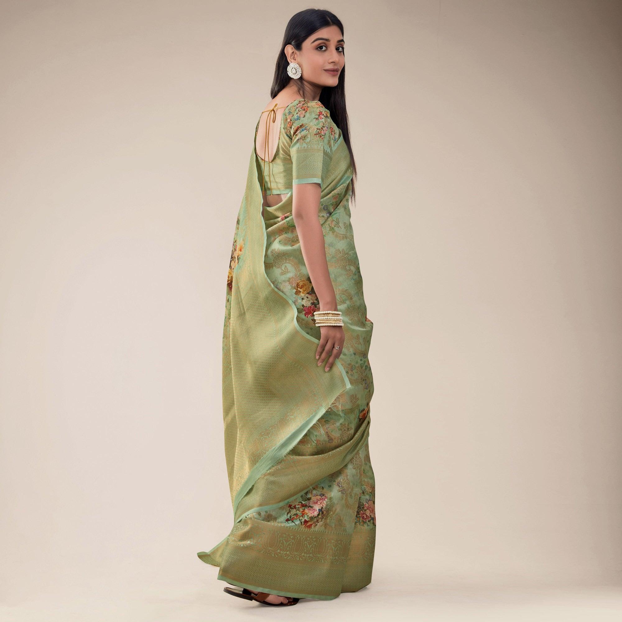 Peachmode Mehndi Green Festive Wear Floral Printed Jacquard Designer Handloom Silk Saree - view 2