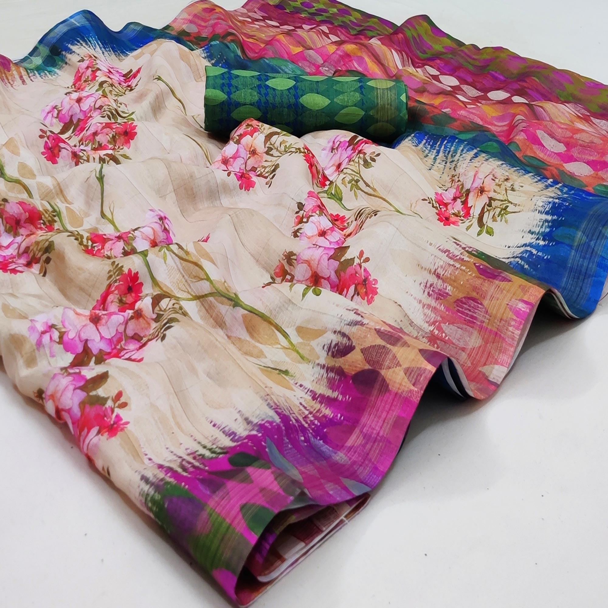 Peachmode Cream Casual Wear Floral Printed Silk Saree