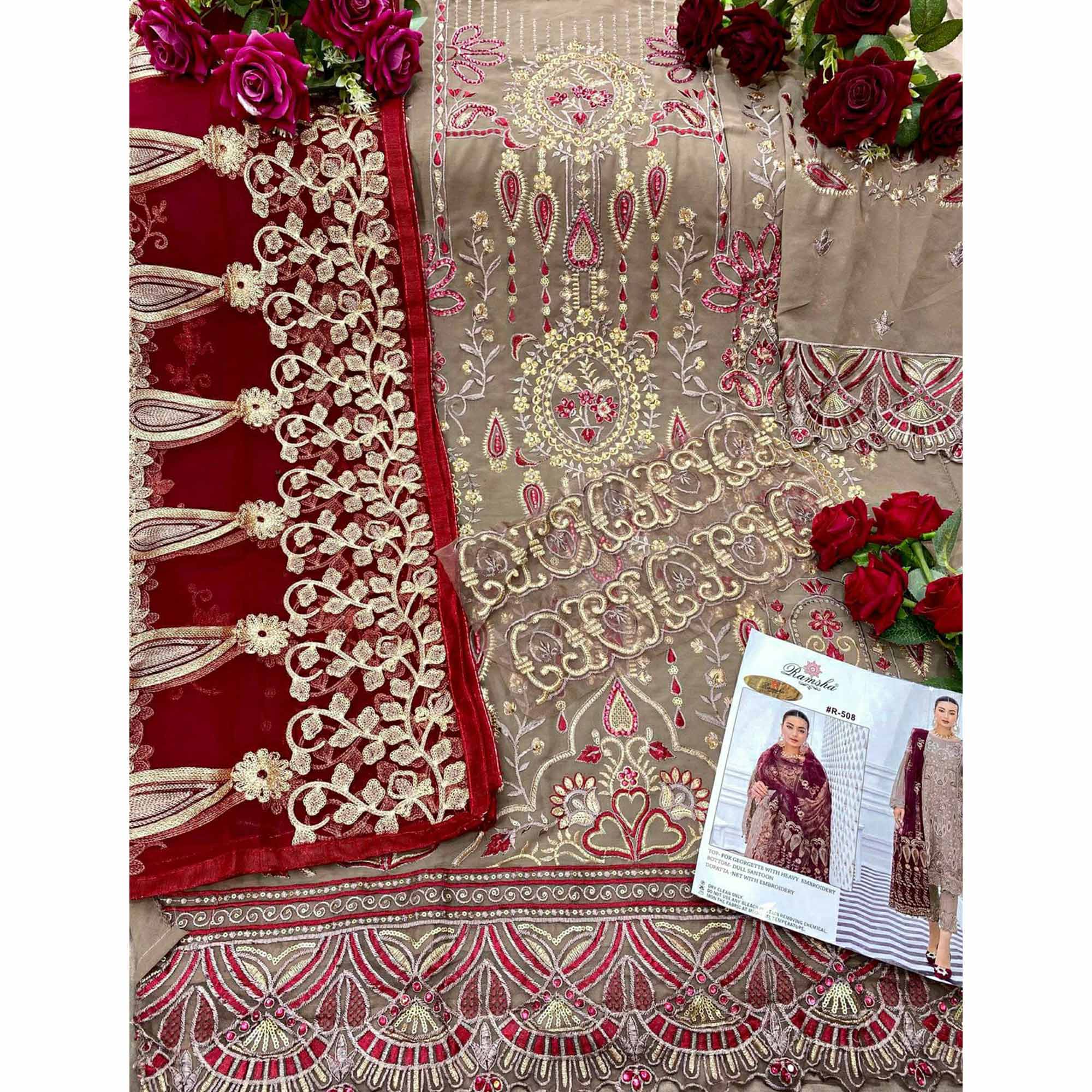 Peachmode Brown Floral Embroidered Georgette Pakistani Suit - view 5