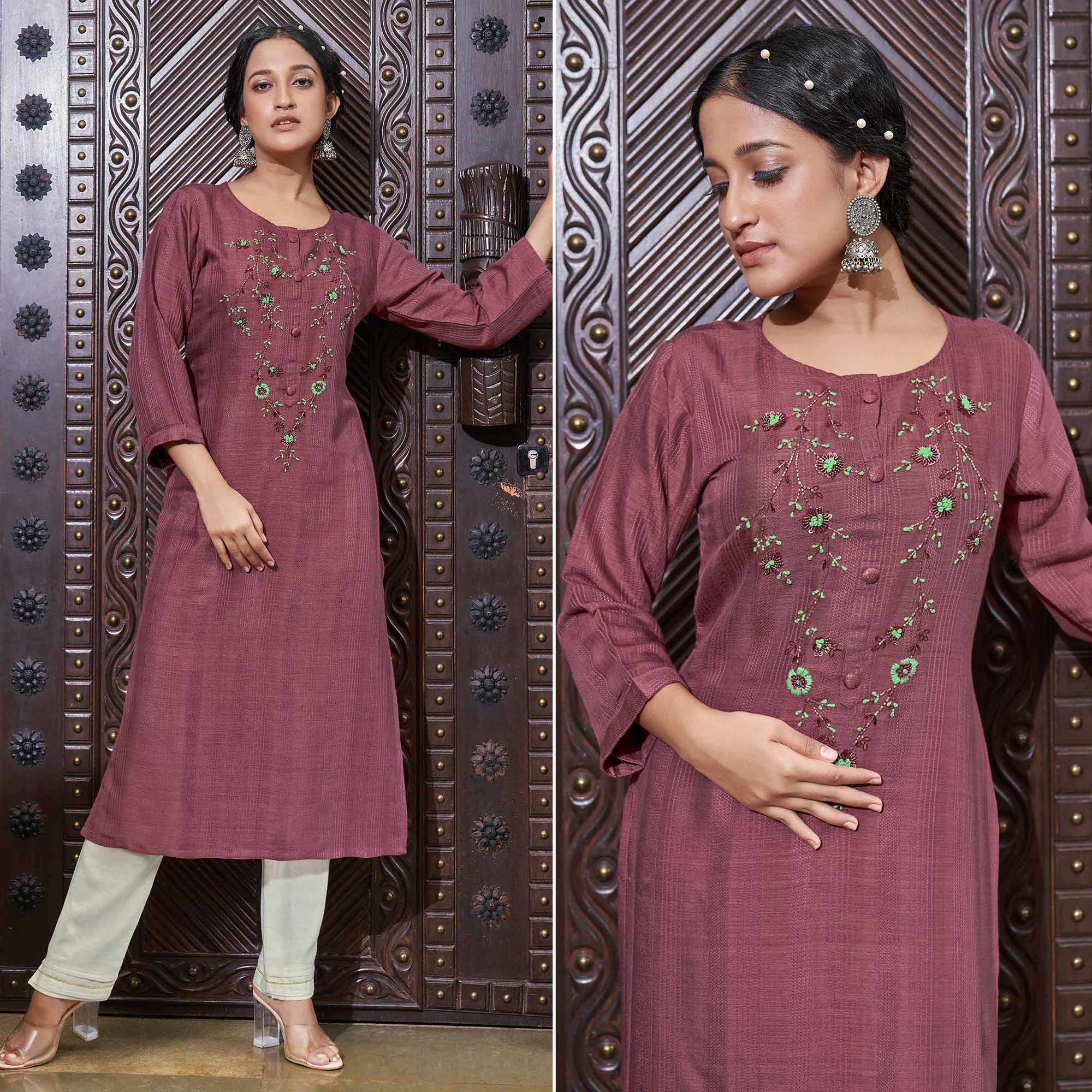 Peachmode Seller Dark Mauve Floral Embroidered Rayon Kurti