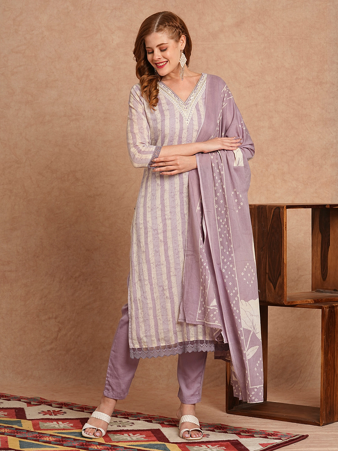 FASHOR Ethnic Stripes Printed Straight Fit Kurta with Pant and Pure Cotton Printed Dupatta - Lavender