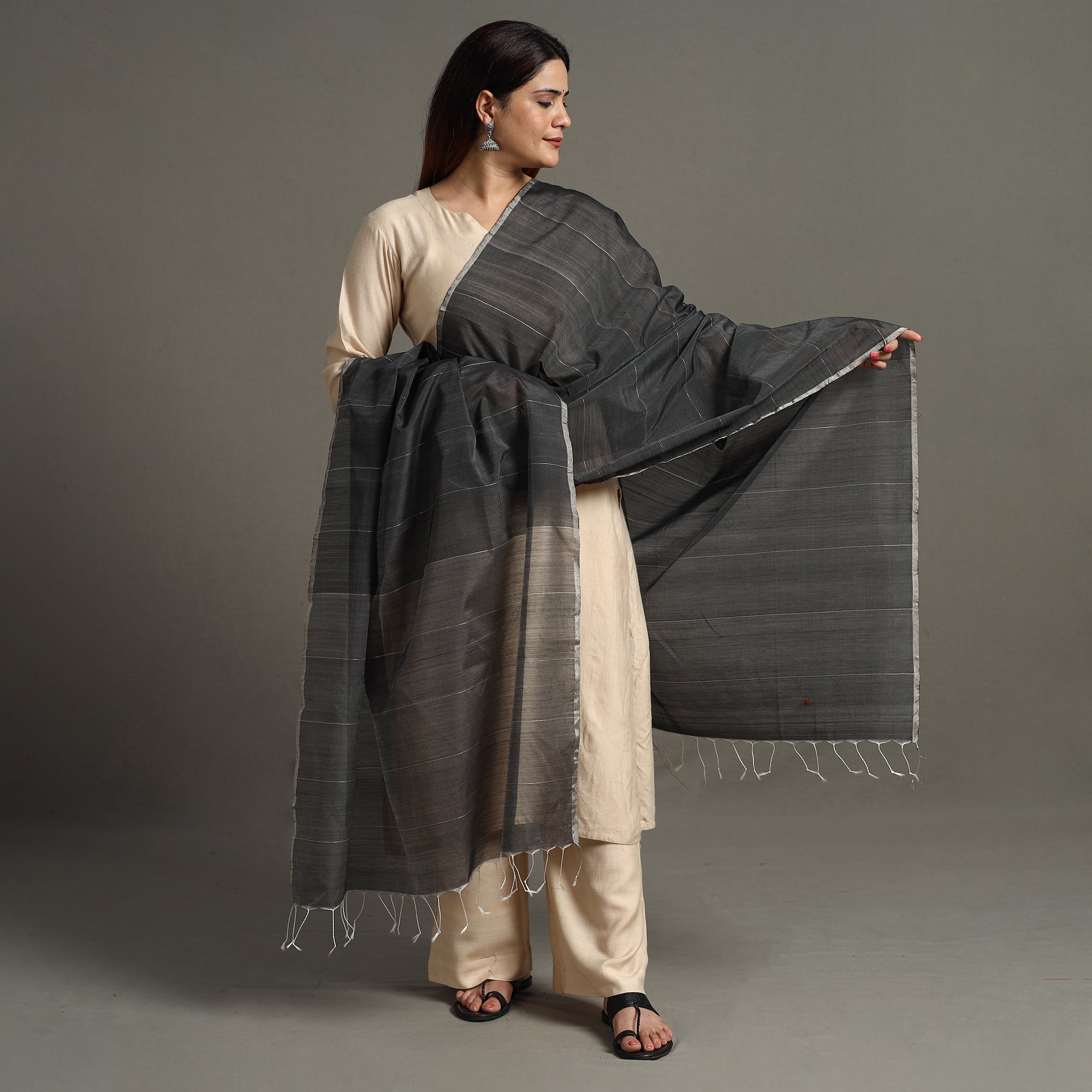 ITOKRI CRAFTS INITIATIVE Black - Traditional Chanderi Silk Handloom Zari Buti Dupatta with Tassels 44