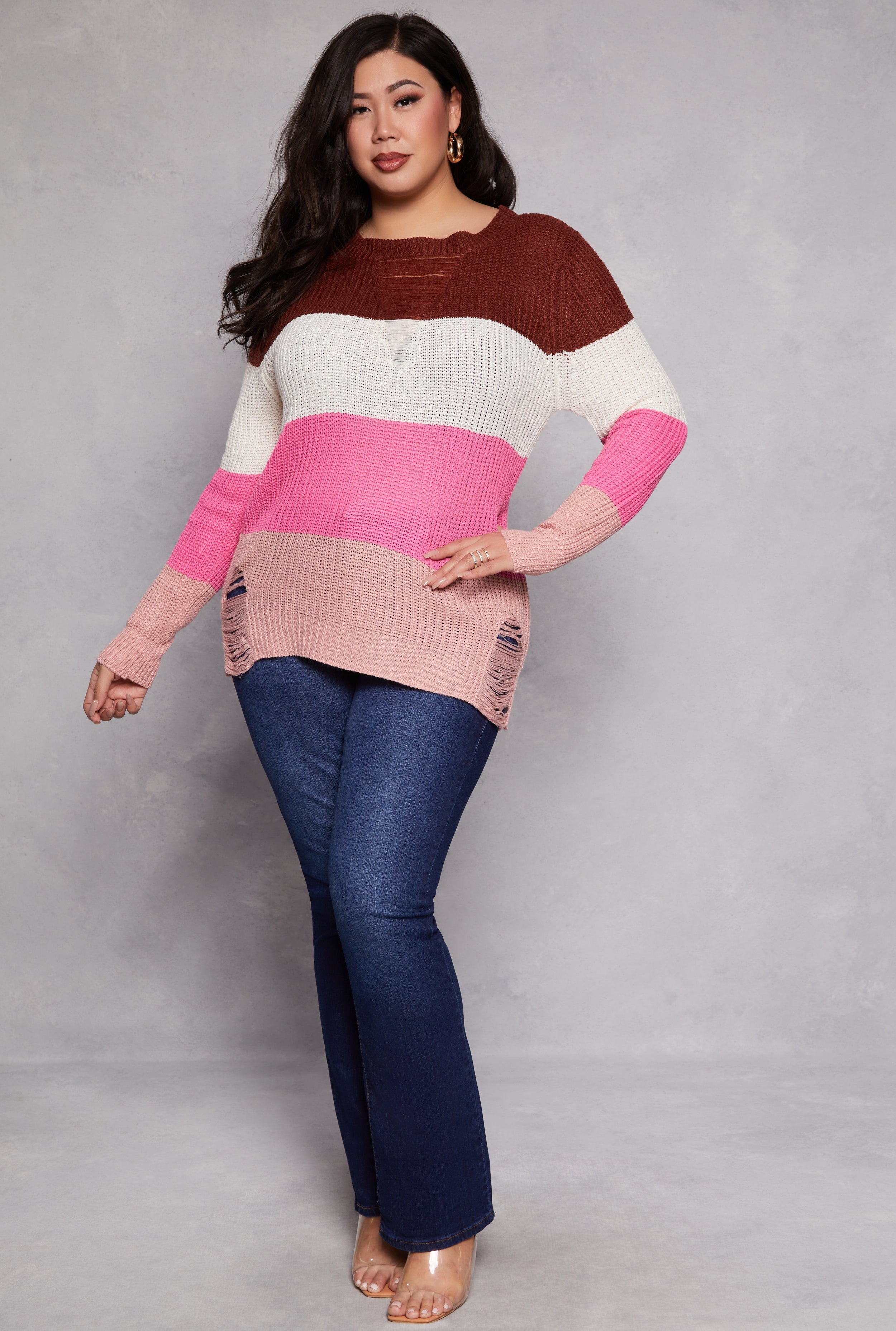 Rainbow Shops Plus Size Striped Distressed Long Sleeve Sweater - view 2