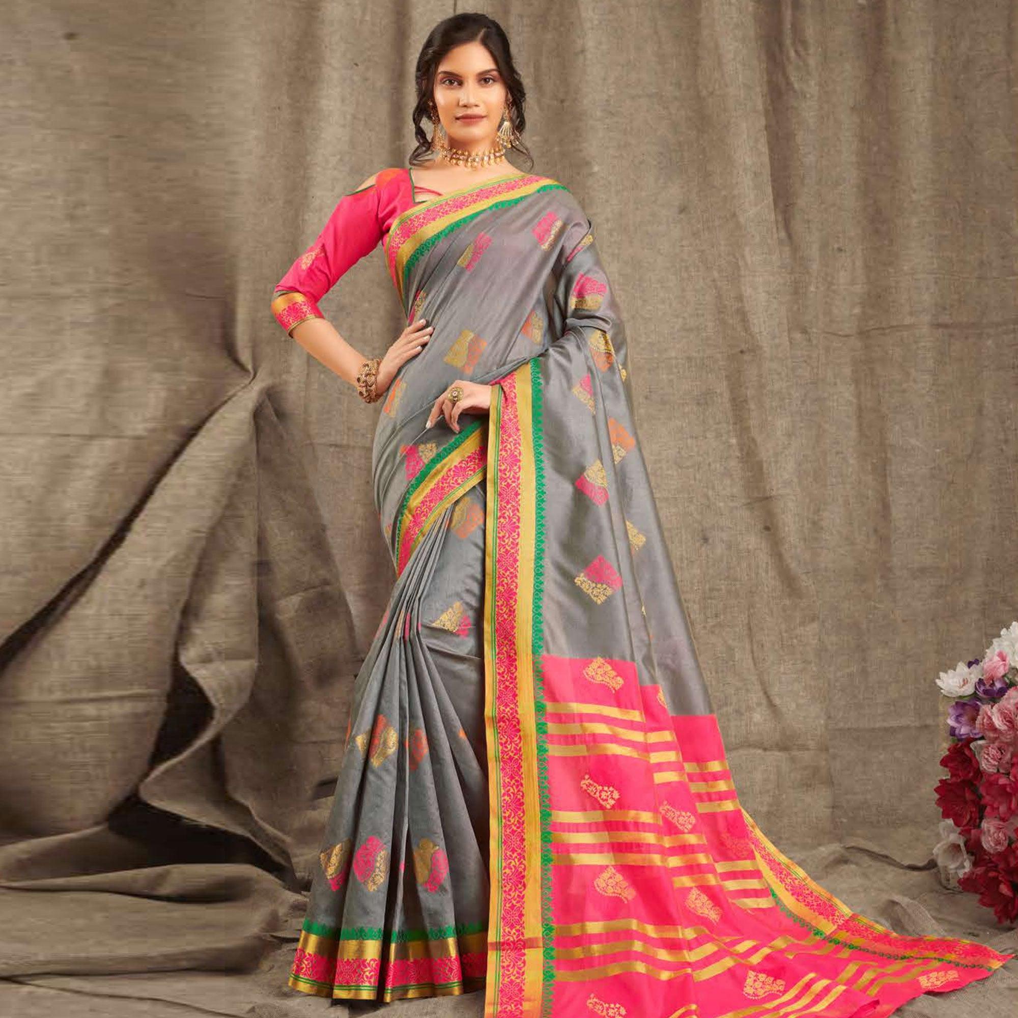 Peachmode Engrossing Grey Colored Festive Wear Woven Cotton Handloom Saree
