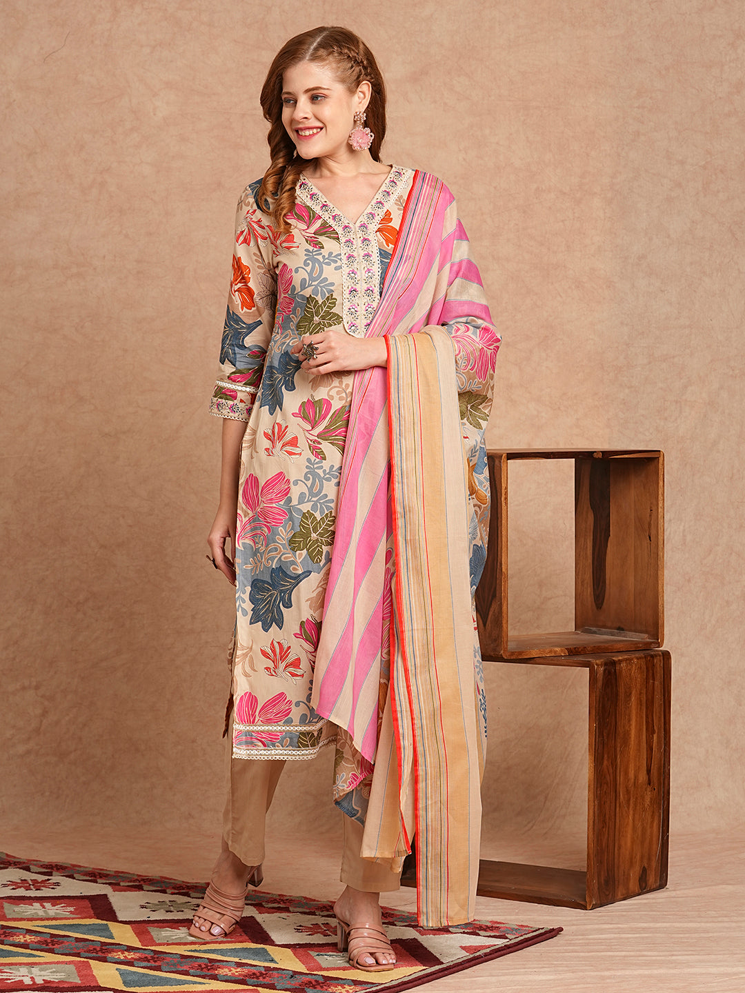 FASHOR Ethnic Floral Printed & Embroidered Straight Kurta with Pant & Dupatta - Beige - view 3